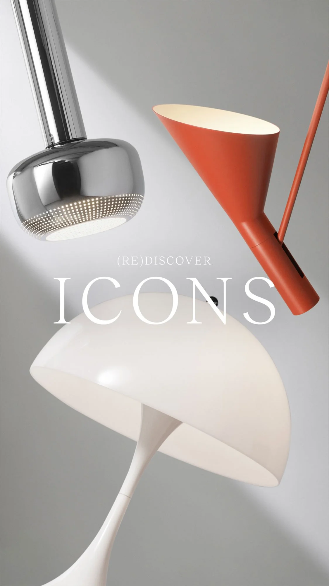 Kollage af moderne lamper i forskellige former og materialer, herunder metal, papir og plast, med teksten '(Re)discover ICONS'.
