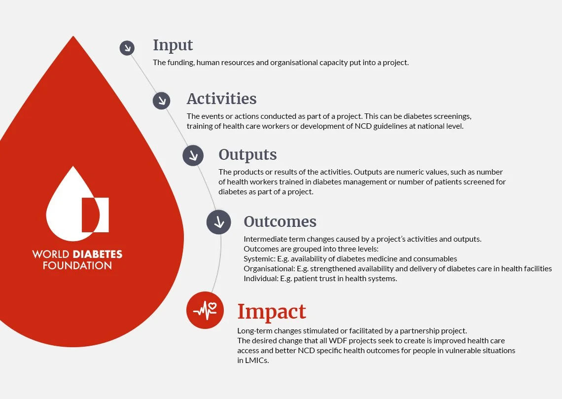 Infografik om diabetesforskning fra Verdens Diabetesfond, med sektioner om Input, Activities, Outputs, Outcomes og Impact i en pyramideform.