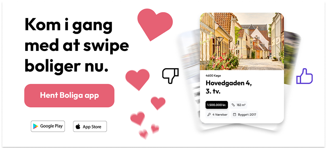 Annonce for bolig-app med opfordring til at swipe boliger nu, visende en boligannoncer med adresse, pris, størrelse, antal værelser og bygYear.