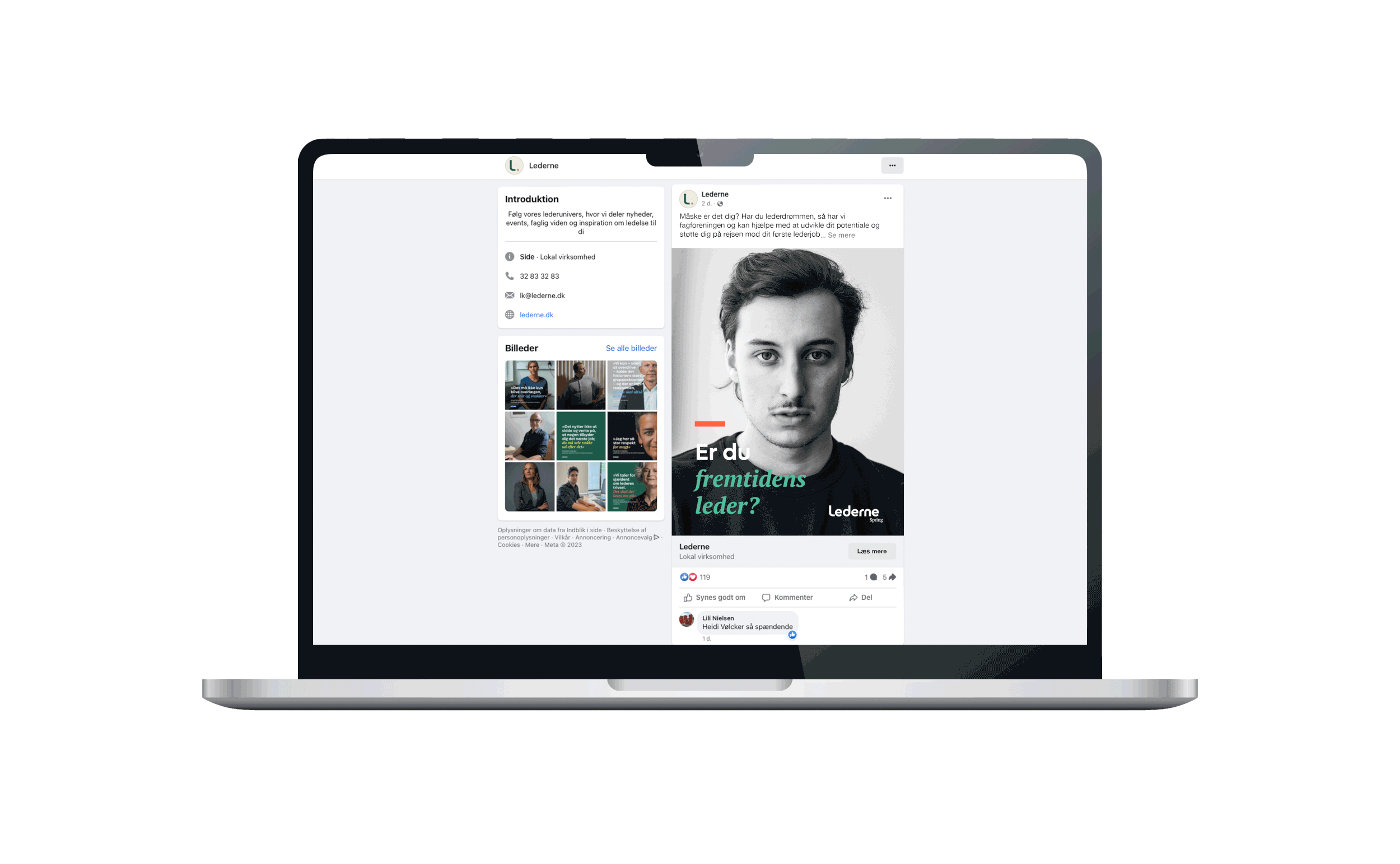 Billedet viser en computerskærm med en social medie-post om ledelse, inklusive et billede af en ung mand med mørkt, vasket hår og en sort trøje, hvor teksten spørger 'Er du fremtidens leder?'
