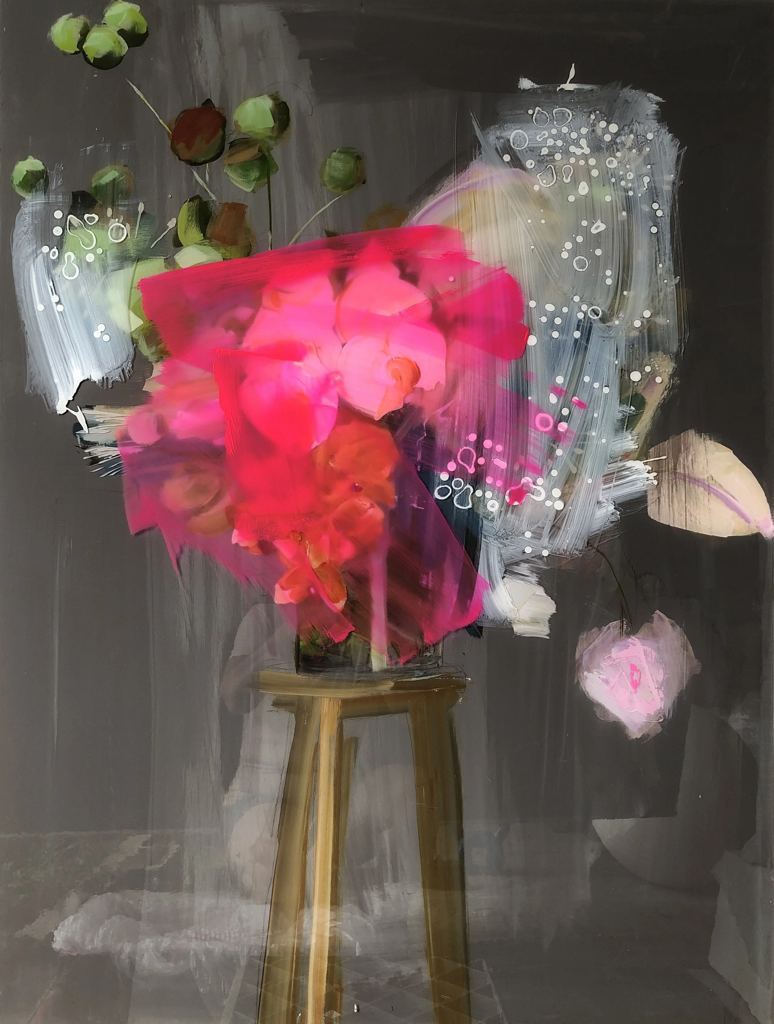 Building a still life in 10 layers.  2024.  Resin, pigment, acrylic, ink, oil on board.  90 x 70 x 6cm