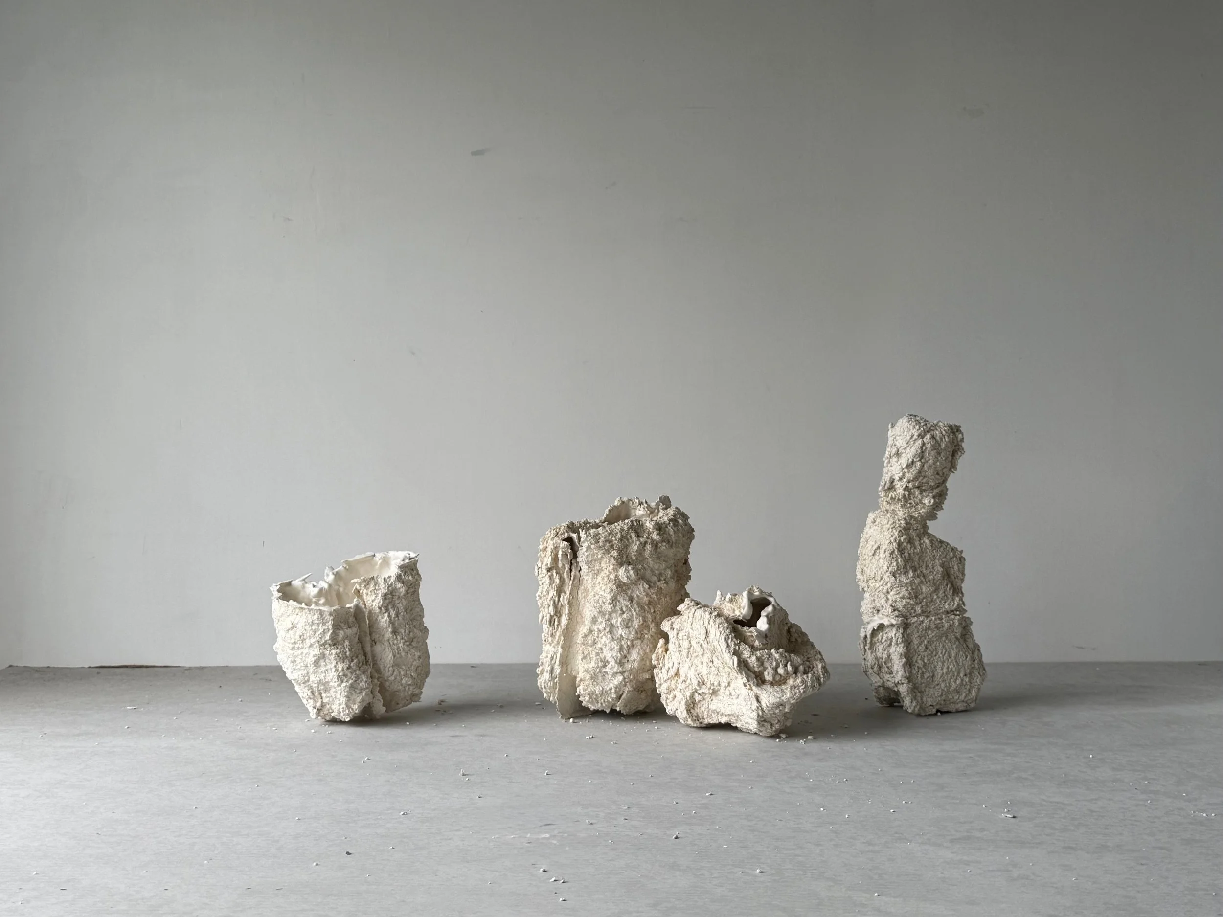 Sourdough space.  Installation view.  Sam Miranda wines 2026.  Bisque fired porcelain.  Dimensions variable.