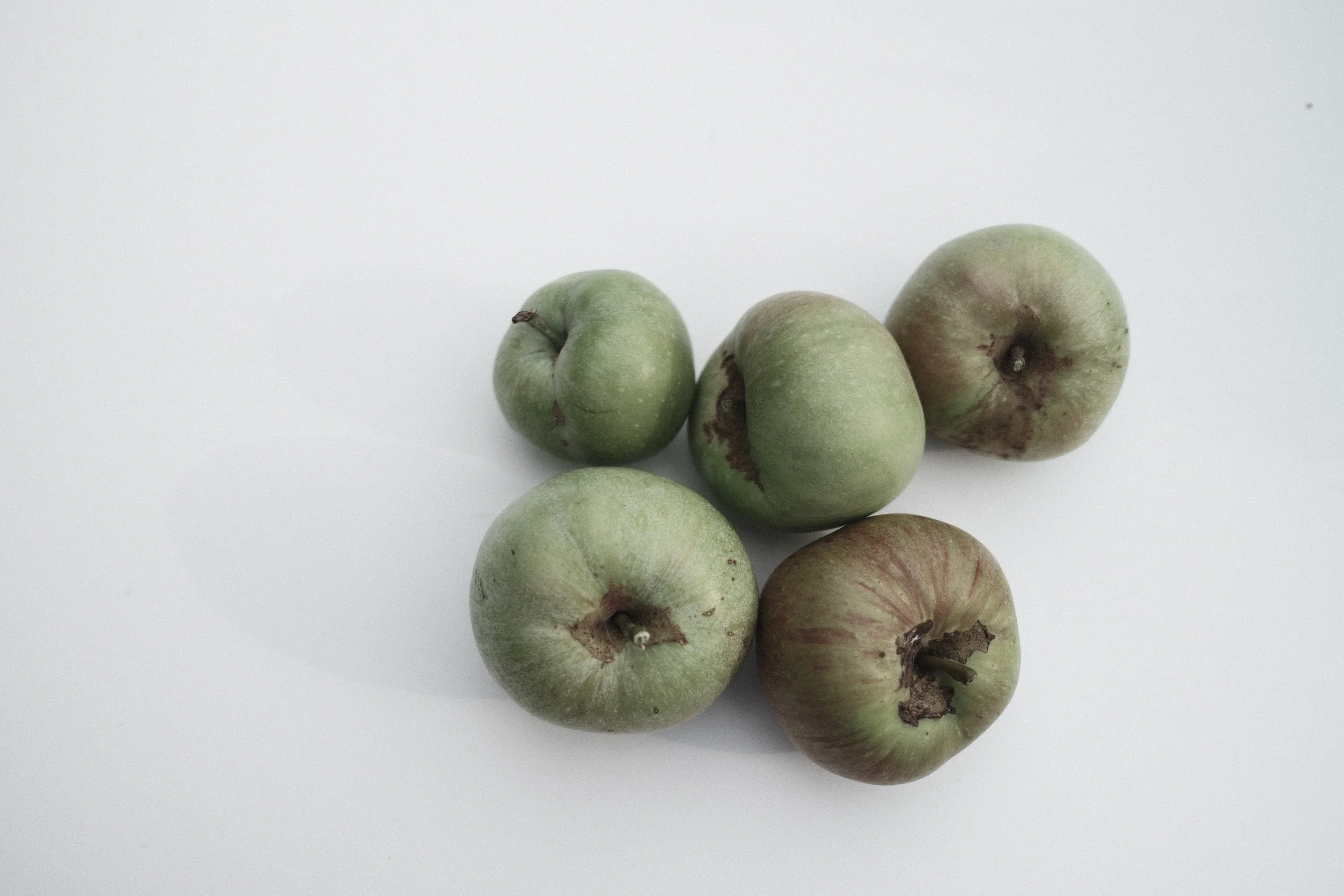 Seven green apples with some brown spots, arranged on a white surface.