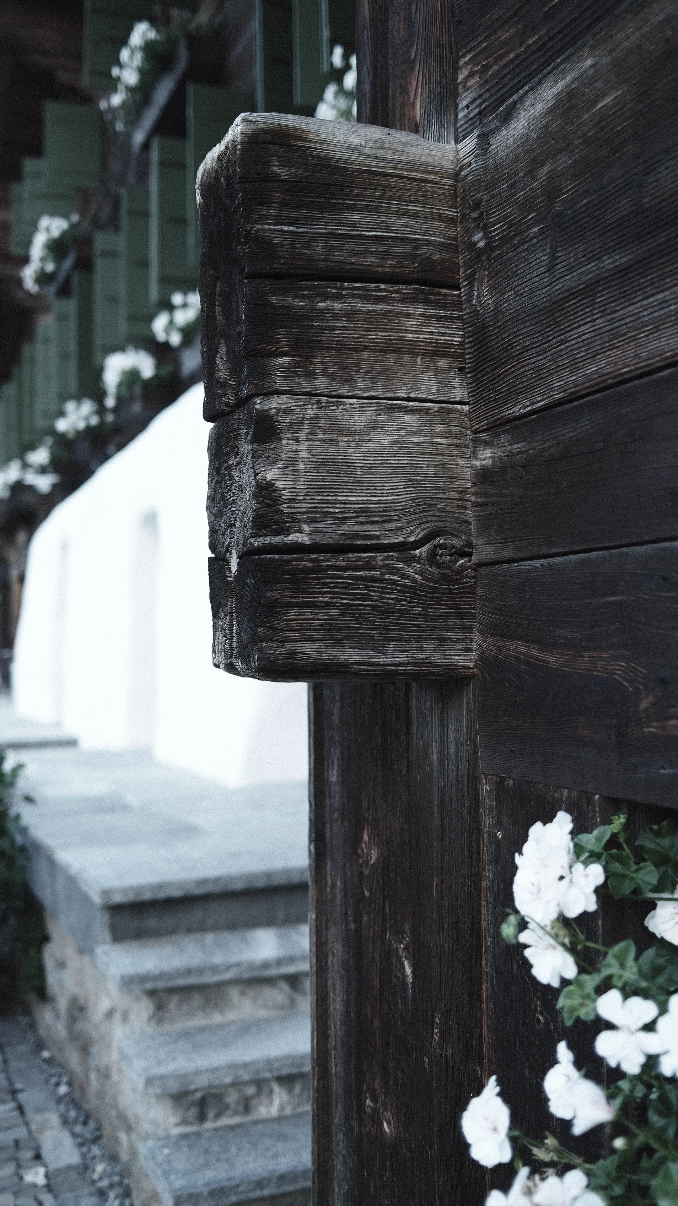 Close-up of a dark wooden post with a corner, showing the grain and weathered texture. In the background, there are white flowers and a flight of concrete steps leading up to a building, with part of a white wall and some greenery visible.