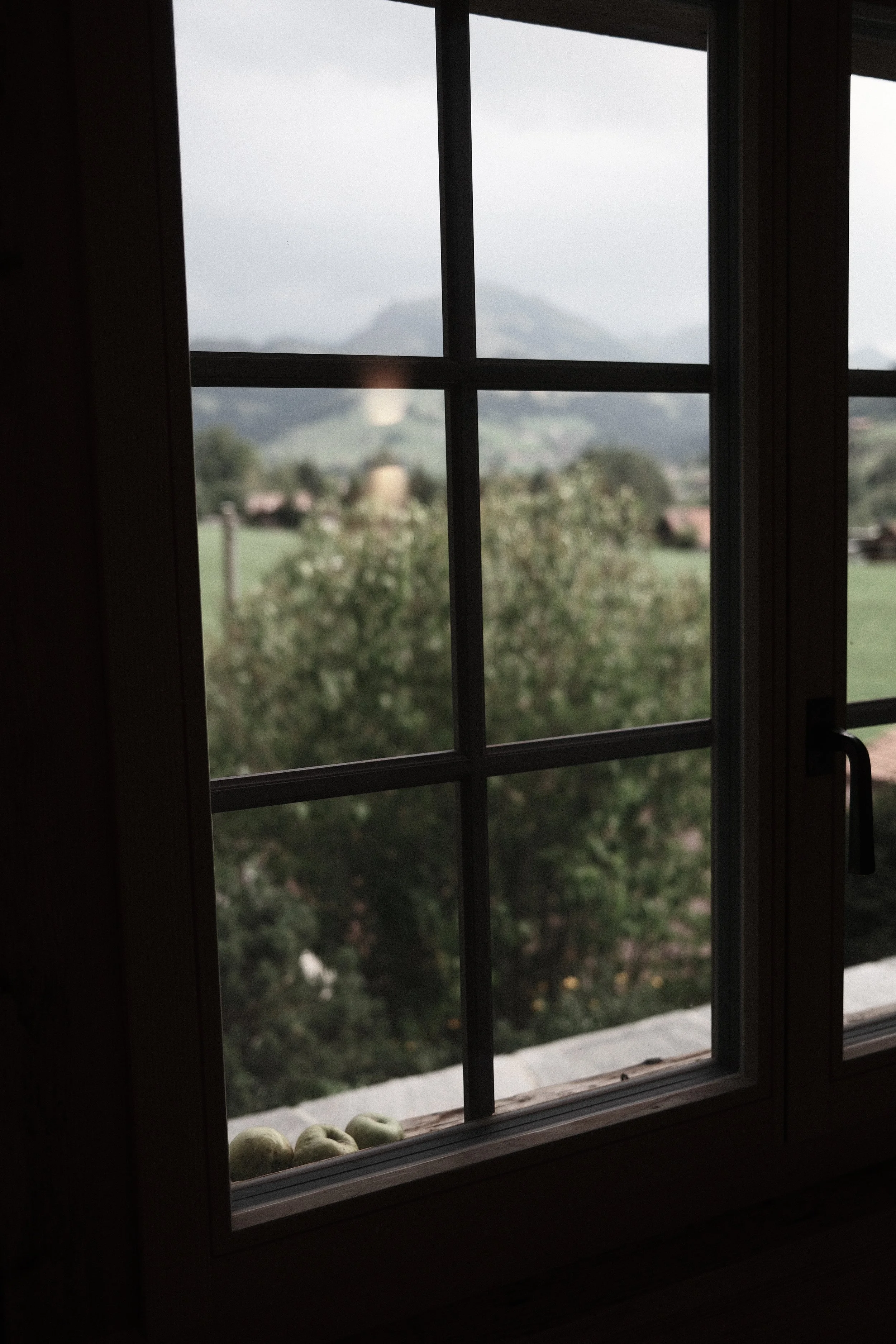 View from a historic timber window at Haus Mannenberg overlooking the orchard and surrounding Bernese Oberland landscape.