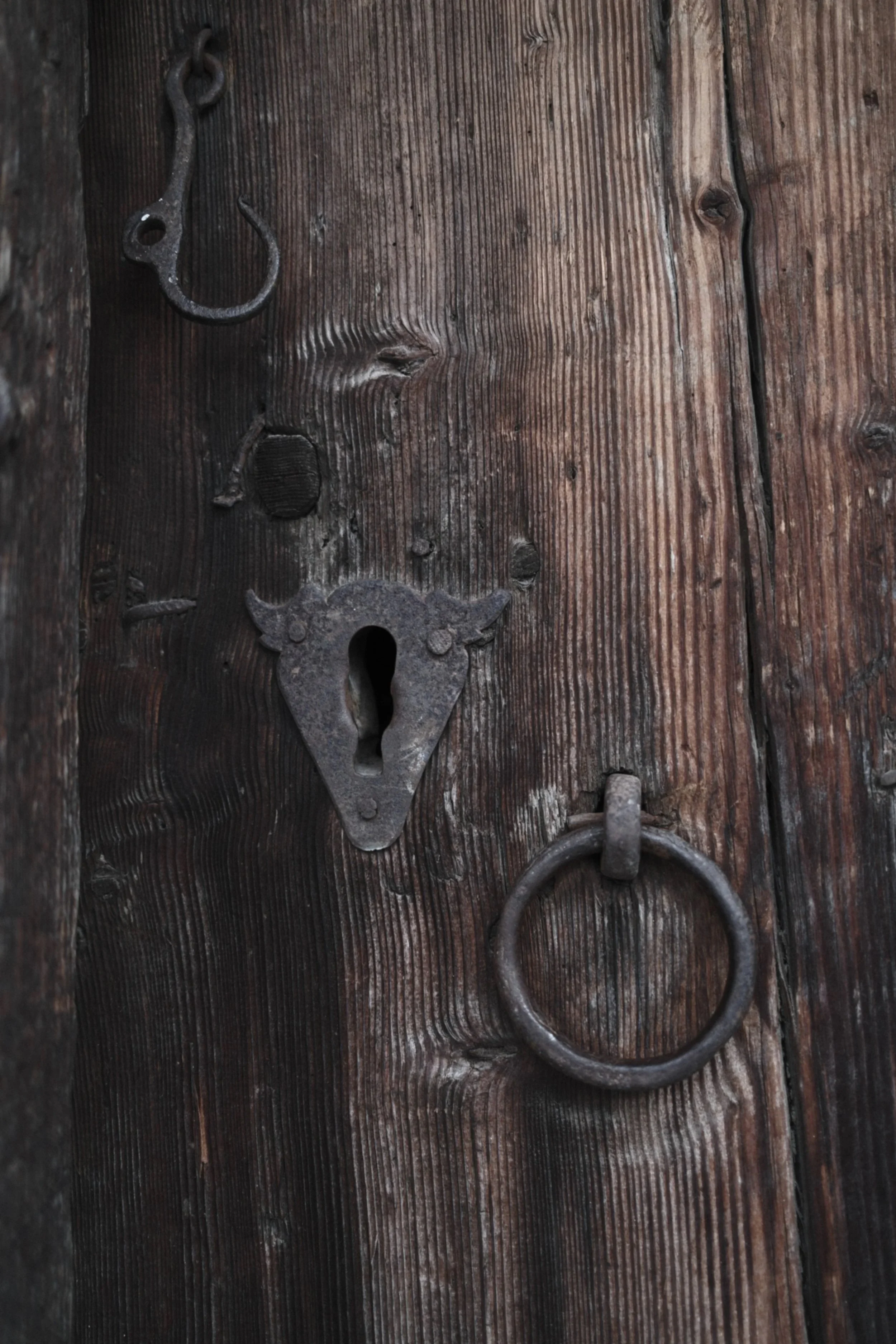 Close-up of a rustic wooden door with metal hooks and knockers.