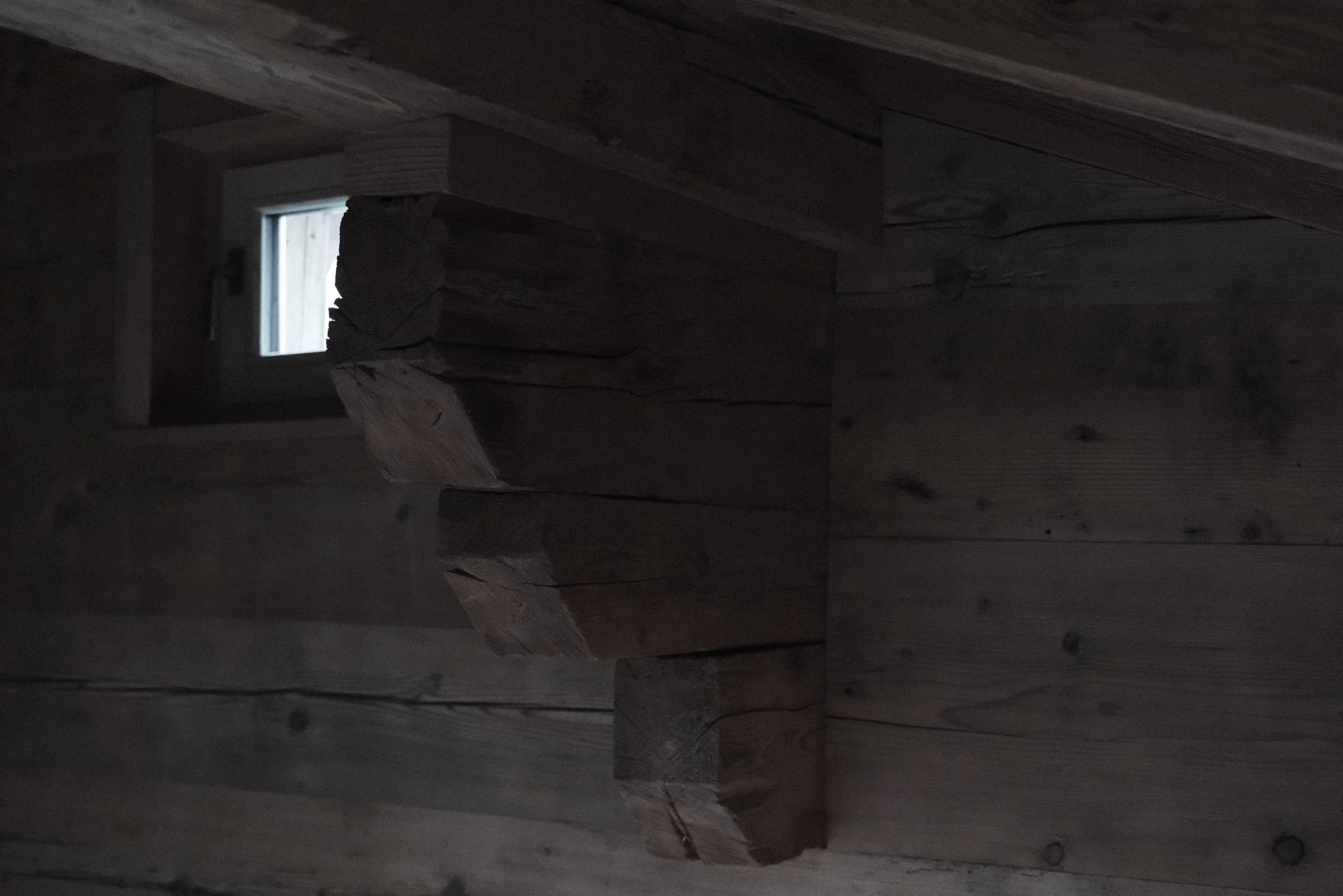 Historic hand-hewn timber beams in the Attic Room at Haus Mannenberg beneath the original eighteenth-century roof structure.