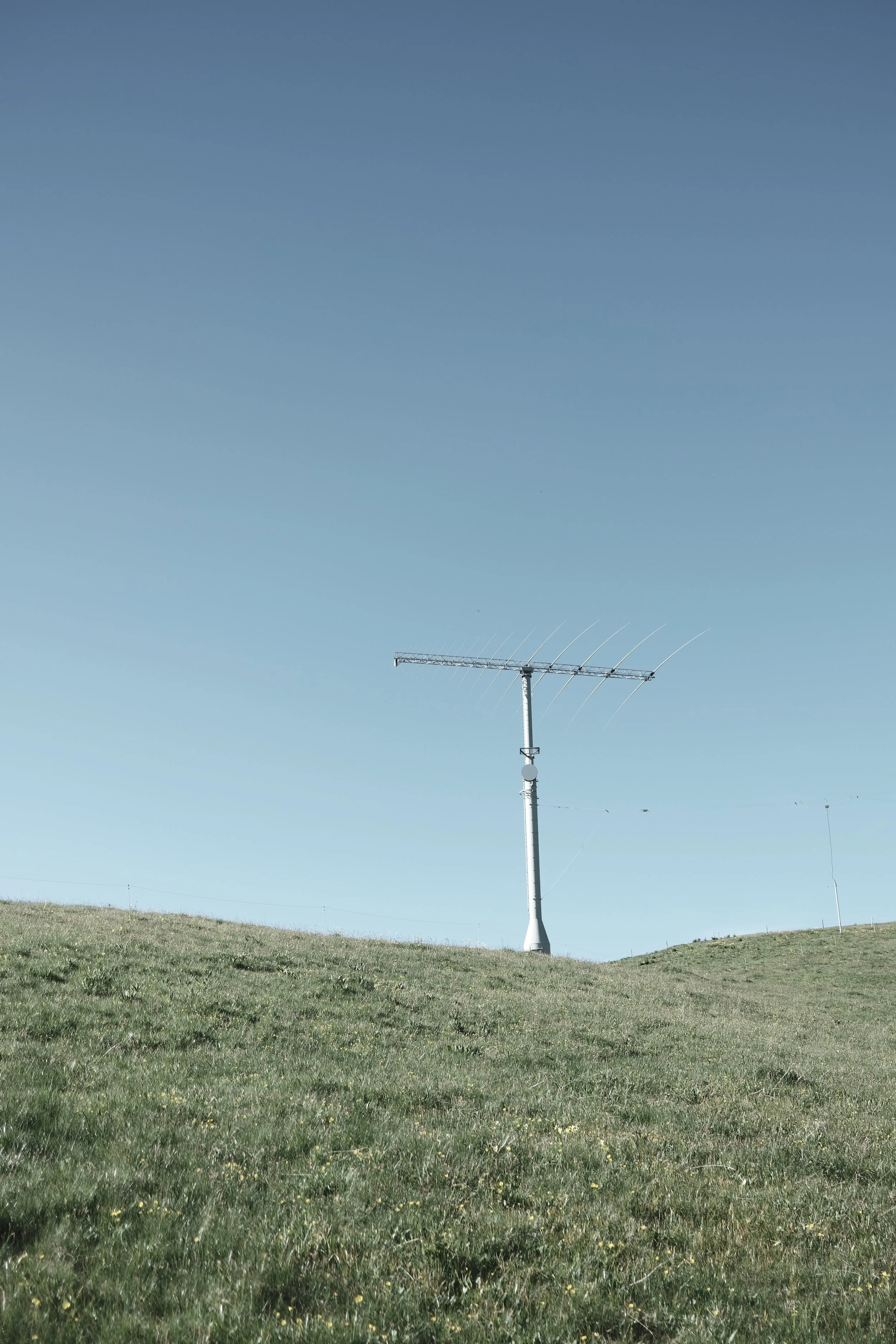 A tall television antenna in a grassy field under a clear blue sky.