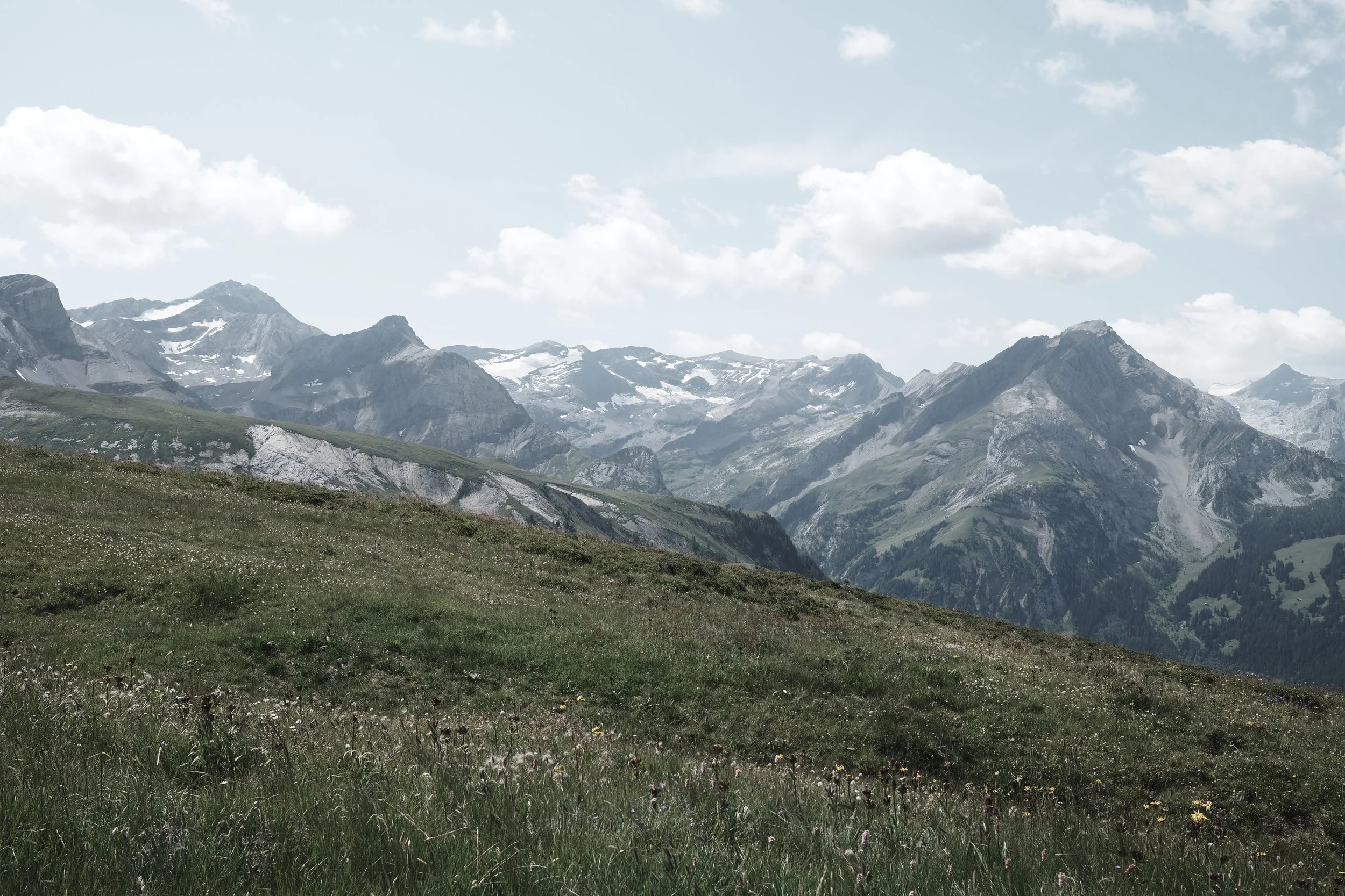 A panoramic view of a mountainous landscape with snow-capped peaks, grassy slopes, and a partly cloudy sky.
