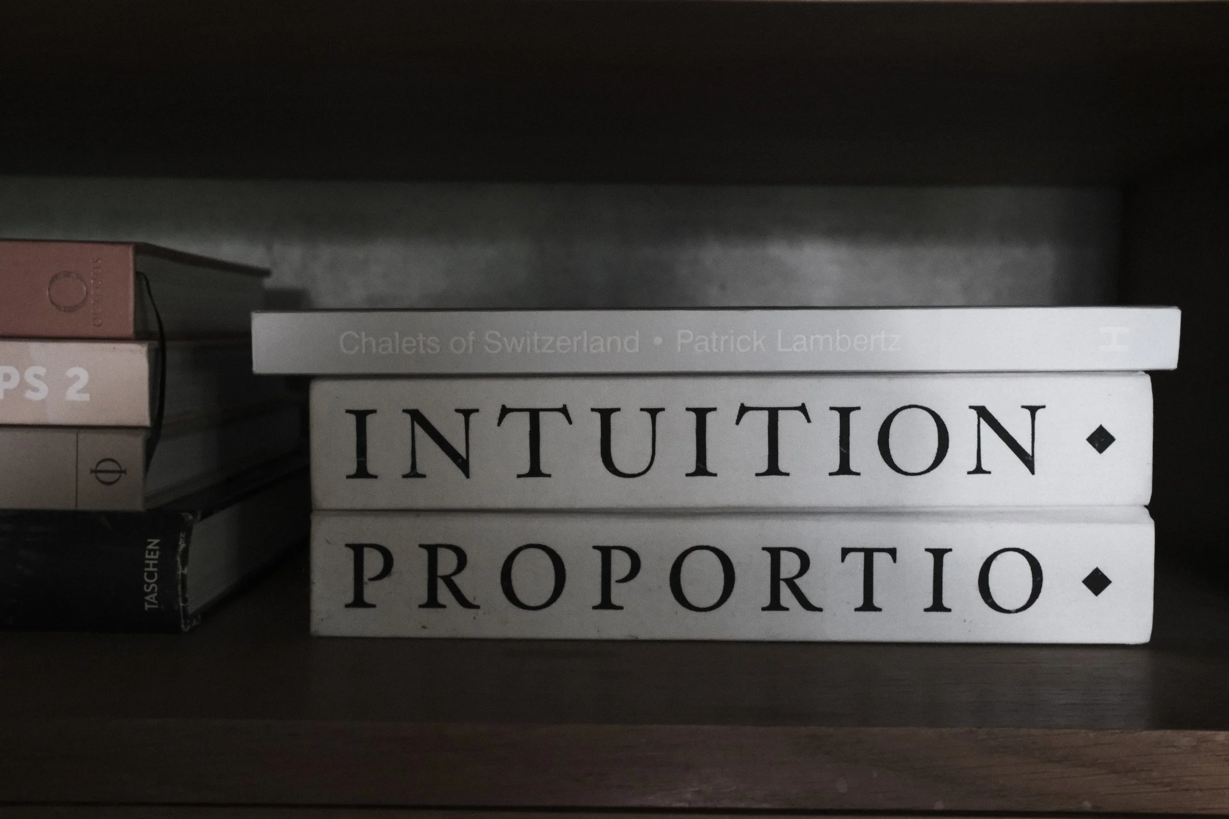 Shelf with books including 'Intuition' and 'Proporção'