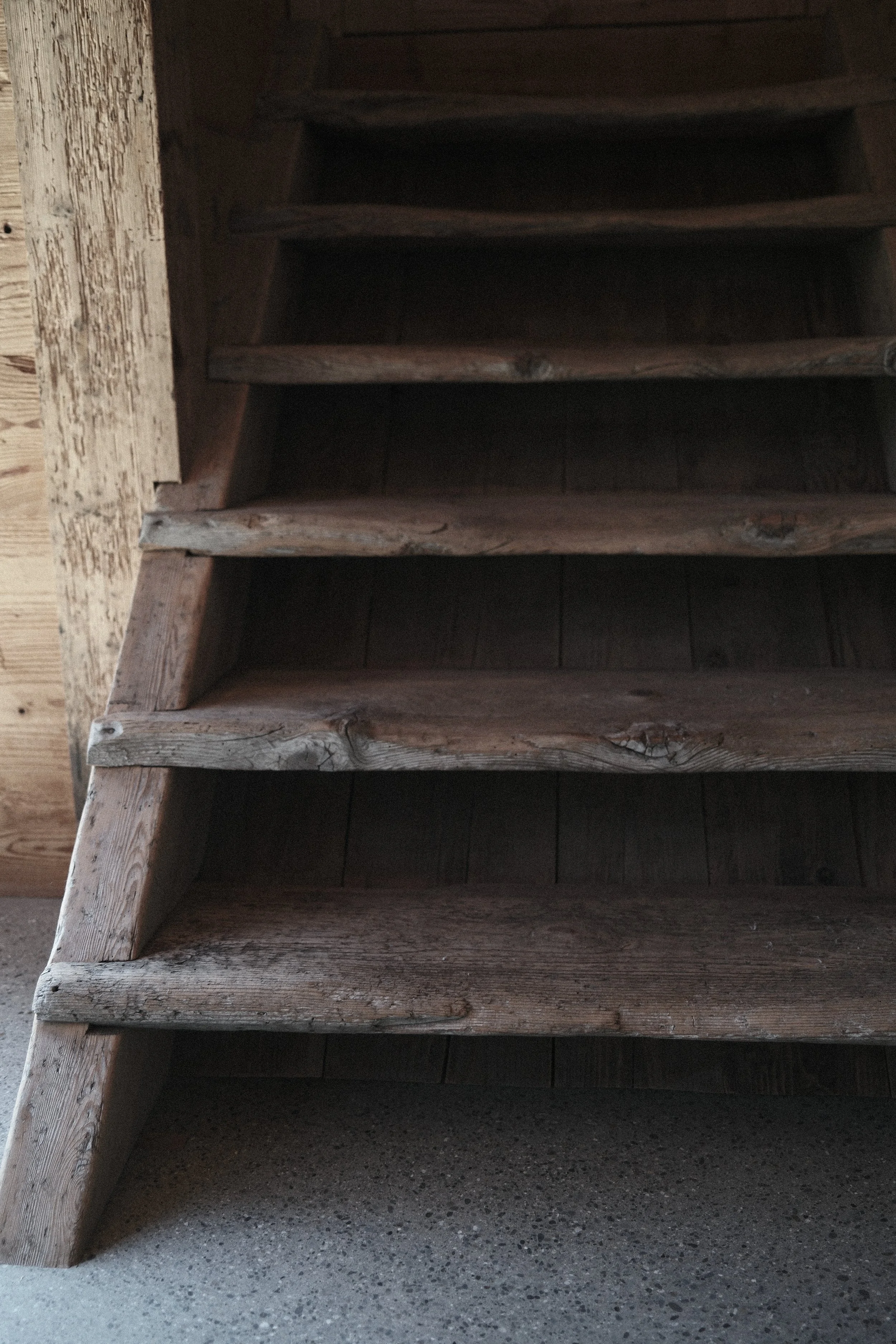 Close-up of wooden stairs with visible grain and knots, leading down to a speckled concrete floor.