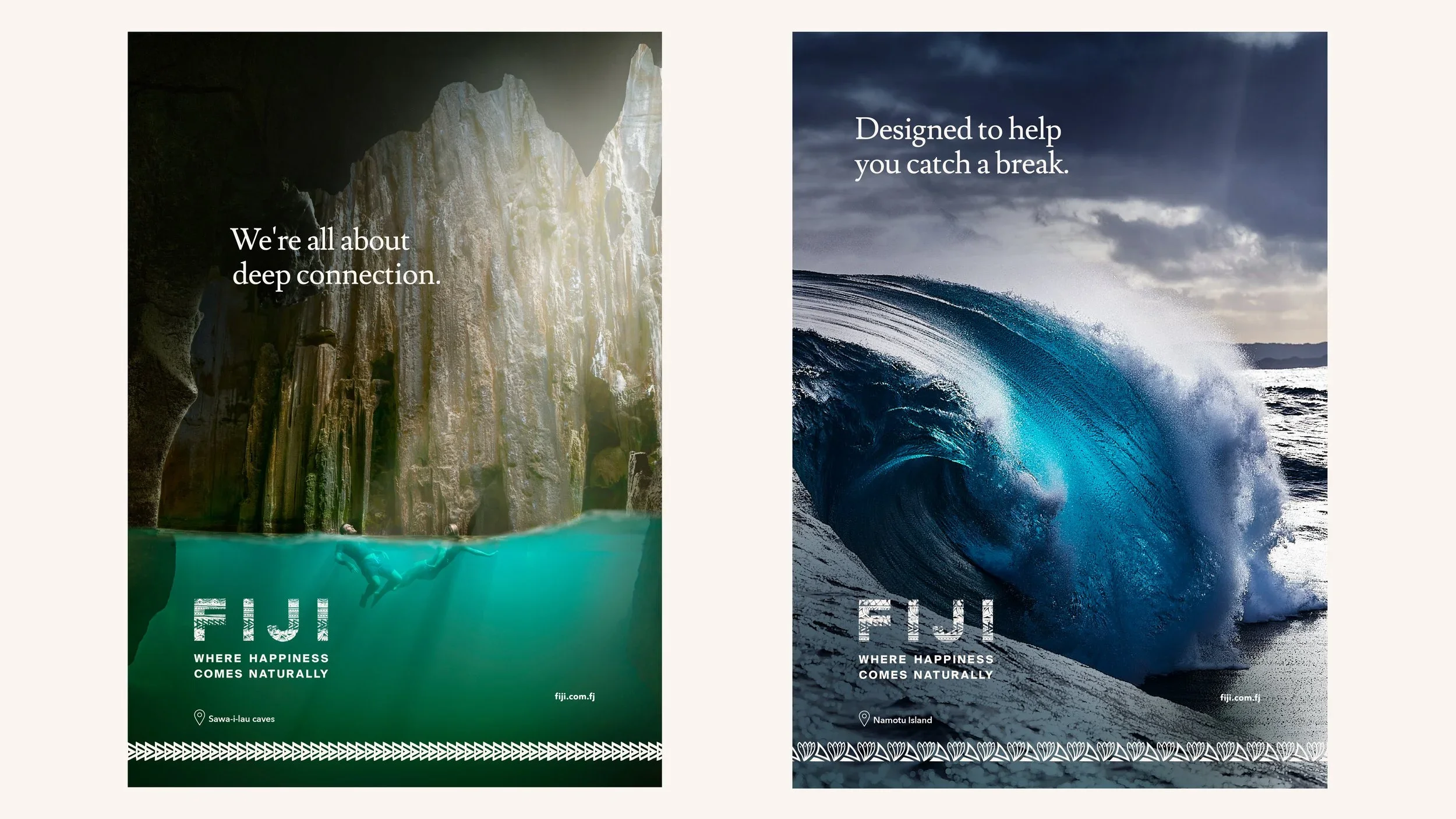 Two travel posters featuring natural scenery. The left poster shows an underwater view of a swimmer in a cave with stalactites and stalagmites, with the text 'We're all about deep connection' and 'Where happiness comes naturally.' The right poster displays a large ocean wave under a cloudy sky with the text 'Designed to help you catch a break' and 'Where happiness comes naturally.' Both posters include the website 'fiji.com.fj' and location names.