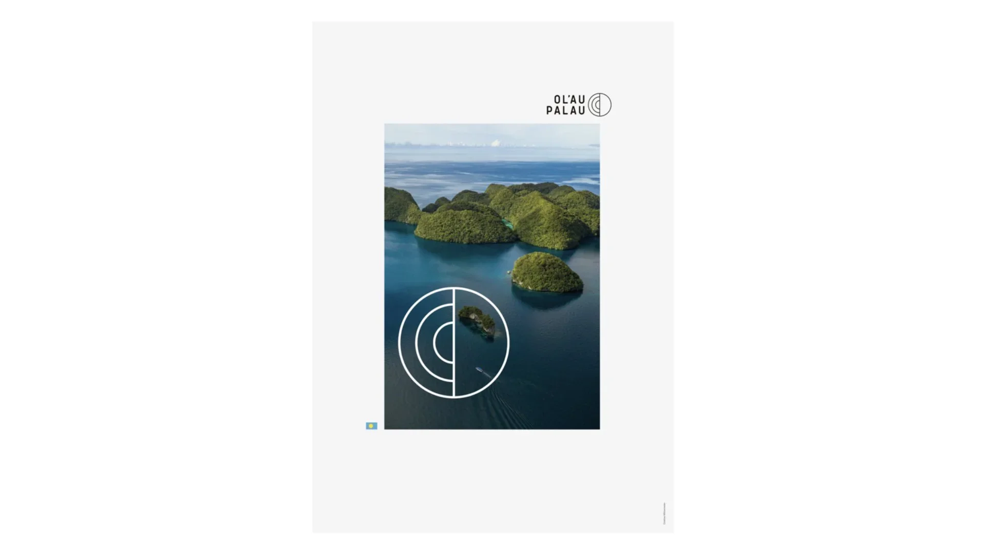 Aerial view of green islands surrounded by blue water with a boat. The image is part of a brochure or magazine cover with the text 'OLAU PALAU' and a circular logo.