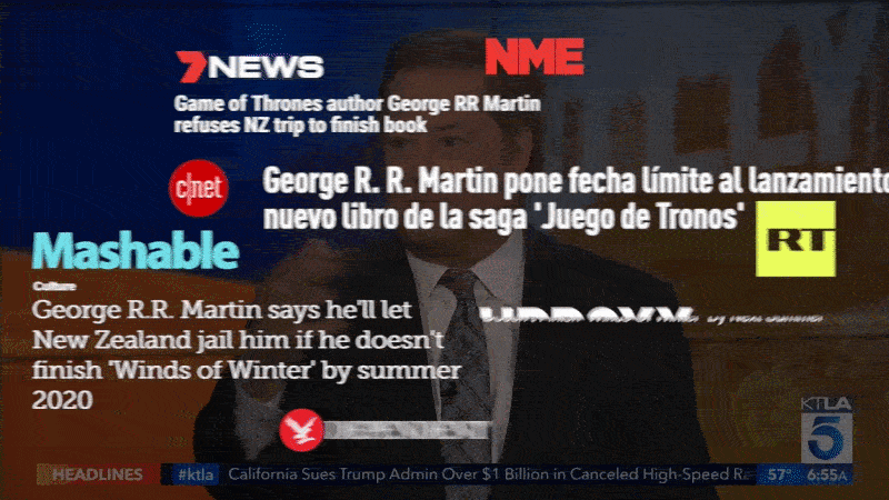 Television news broadcast with multiple network logos overlaid, including 7 News, NME, CNET, Mashable, RT, and KTLA 5, showing a man in a suit.