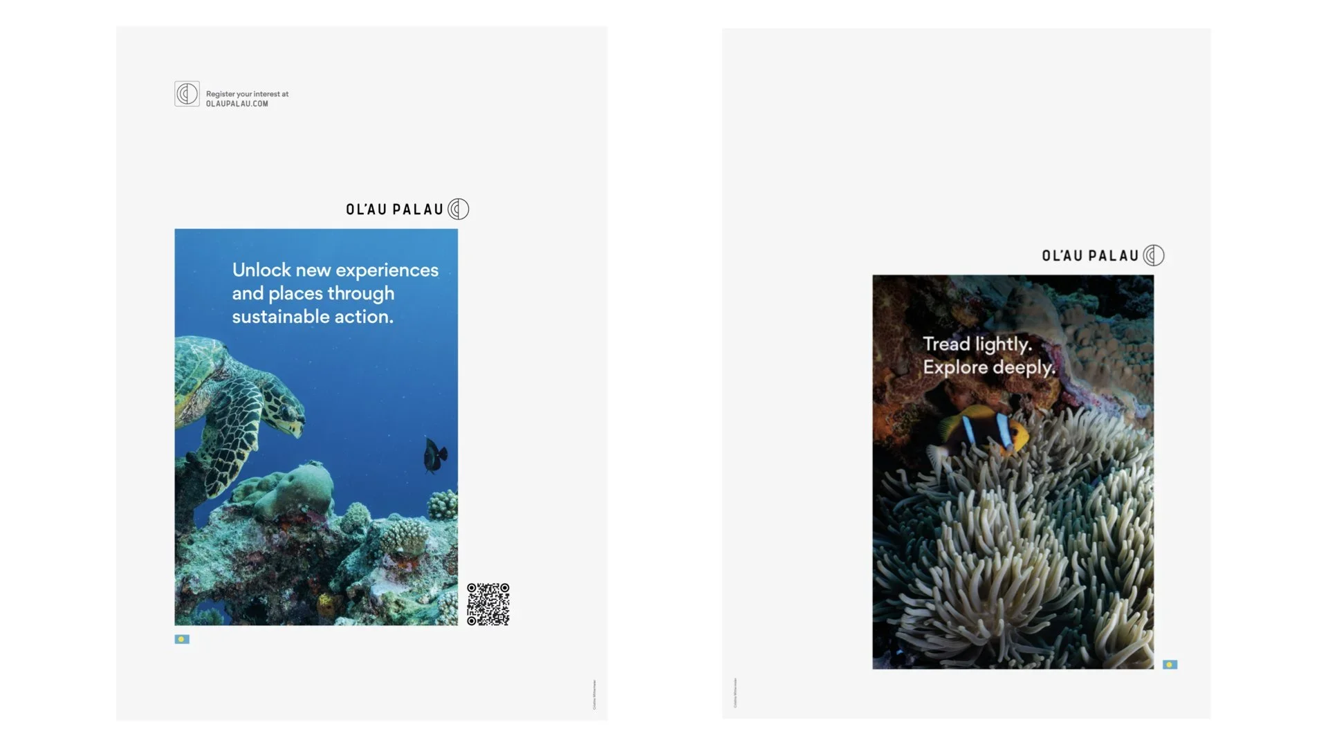 Two promotional flyers from OL'AUPALAU, featuring underwater scenes. The left flyer shows a sea turtle swimming over coral with a blue background and the text "Unlock new experiences and places through sustainable action." The right flyer shows a close-up of coral and a clownfish with the text "Tread lightly. Explore deeply."