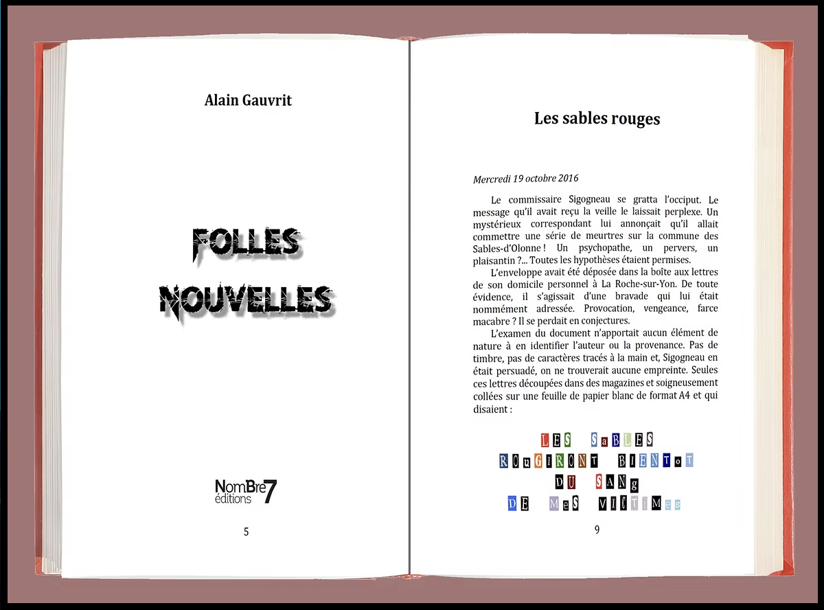 Page de titre d'un livre intitulé "Folles Nouvelles" avec une autre page qui parle d'une histoire de Sables Rouges, avec une grille de lettres colorées en bas.