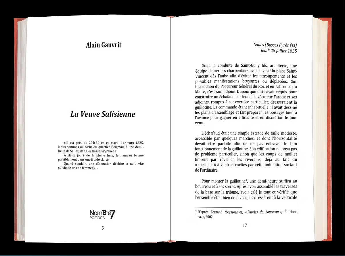 Page d'ouverture d'un livre avec le titre "La Veuve Salsienne" d'Alain Gauvrit, et une page de texte décrivant un évènement historique ayant eu lieu à Salies, dans les Pyrénées, en 1825.