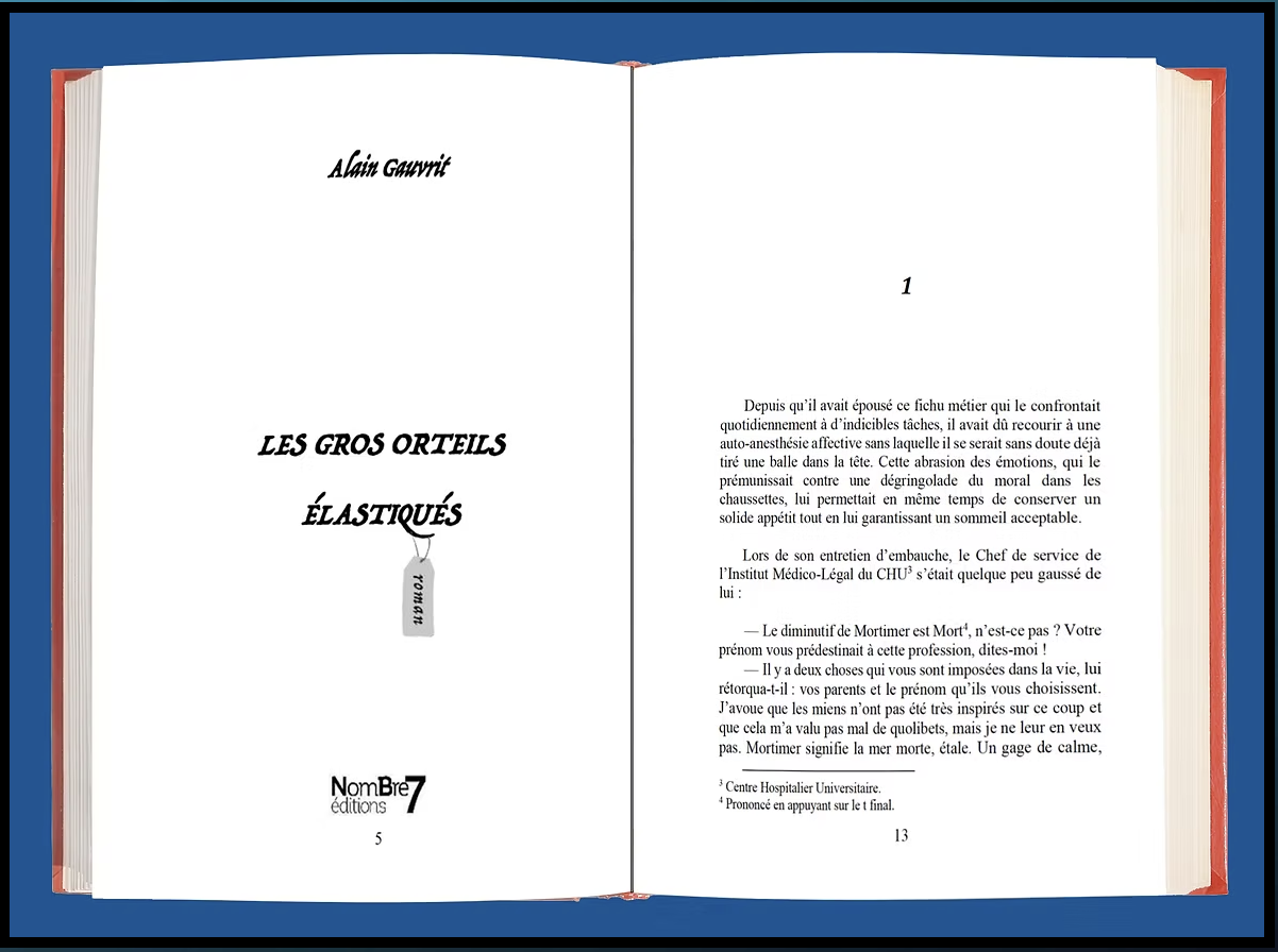 Page de couverture d'un livre intitulé « Les Gros Orteils Élasticqués » d'Alain Gavrit, numéro 7, édité par NomBre7, édition de 2014. La page suivante est une introduction avec du texte.