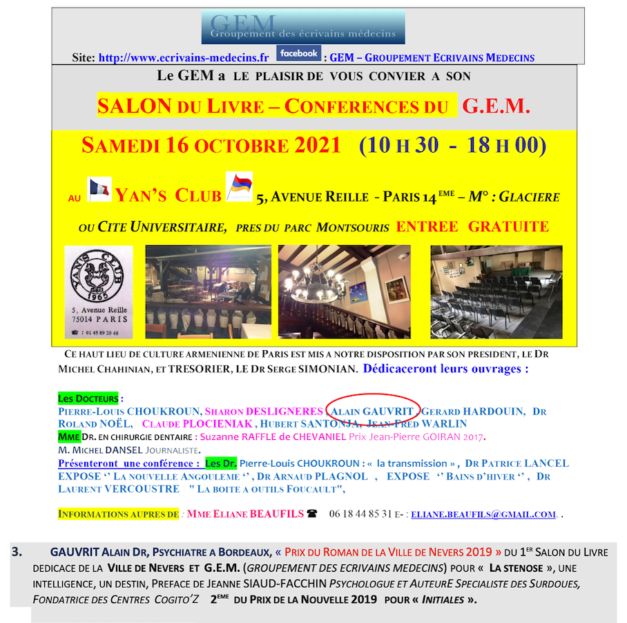 Affiche annonçant un salon du livre et des conférences organisé par G.E.M. le samedi 16 octobre 2021 au Yan's Club, Paris 14ème, avec des informations sur les intervenants, lieux, heures et entrée gratuite.