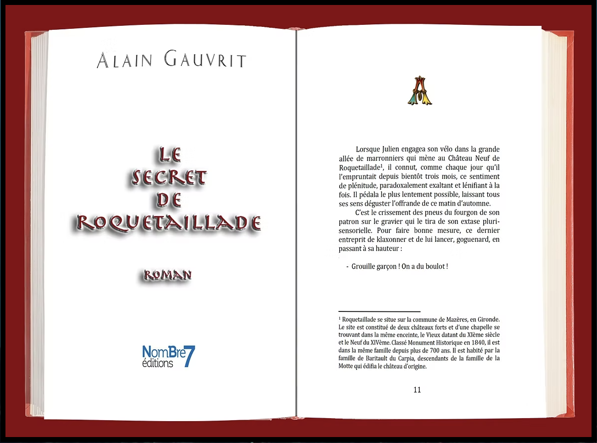 Page de titre d'un livre avec le titre 'Le Secret de Roquetaillade' en gros caractères, l'auteur Alain Gauvrit, et le logo d'édition Nombr7. La page suivante contient un texte introductif.