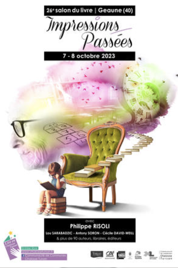 Affiche du 26e salon du livre à Gėaune, du 7 au 8 octobre 2023, intitulé 'Impressions Passées', avec images d'une femme âgée, d'une jeune fille lisant, d'une horloge, d'un escalier, et d'une chaise verte ornée de boutons dorés.