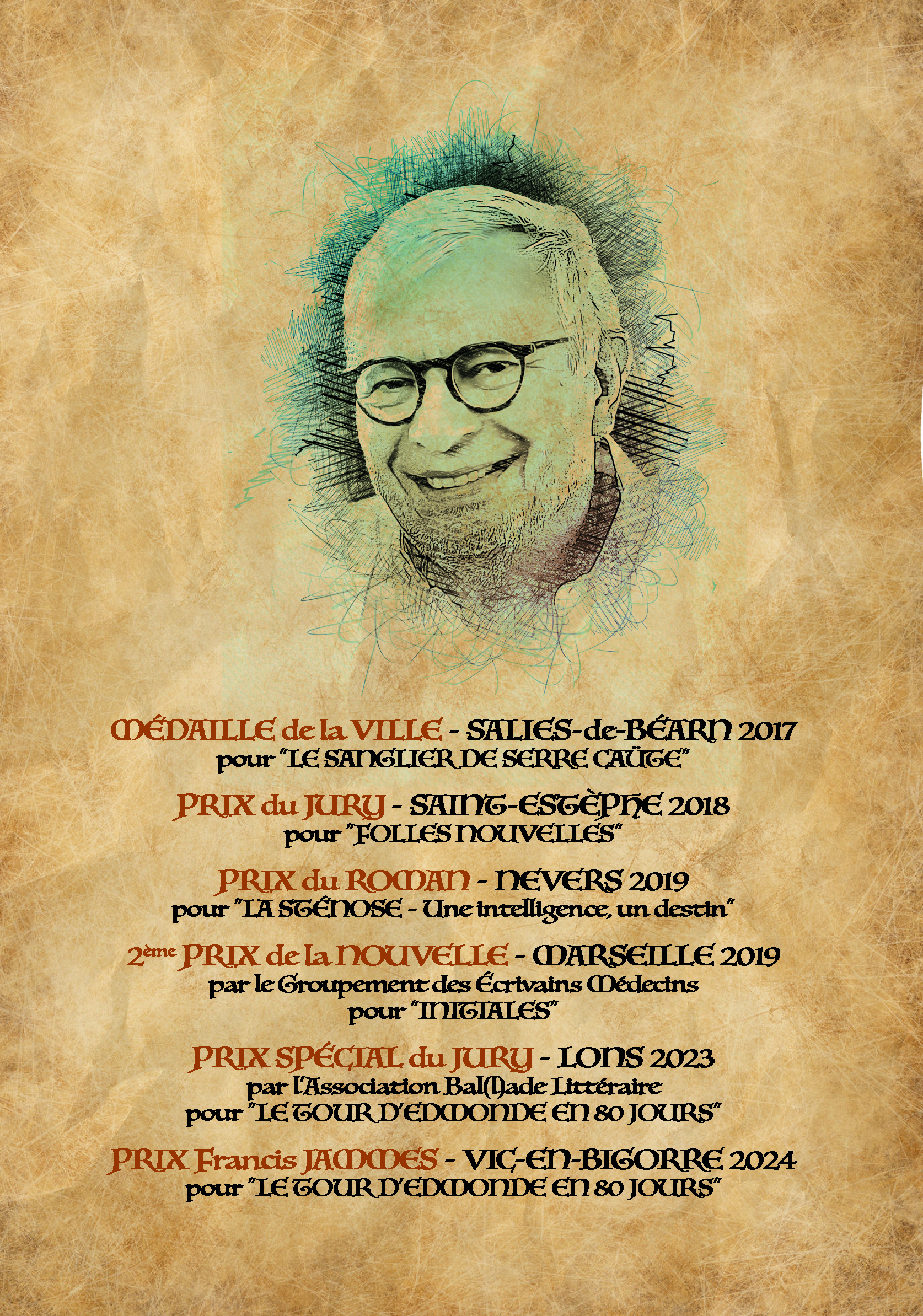 Une illustration d'une pièce de monnaie avec un visage souriant, portant des lunettes, entourée de lignes de dessin abstraites. Le fond de l'image a une texture colorée en nuances de beige et de brun.