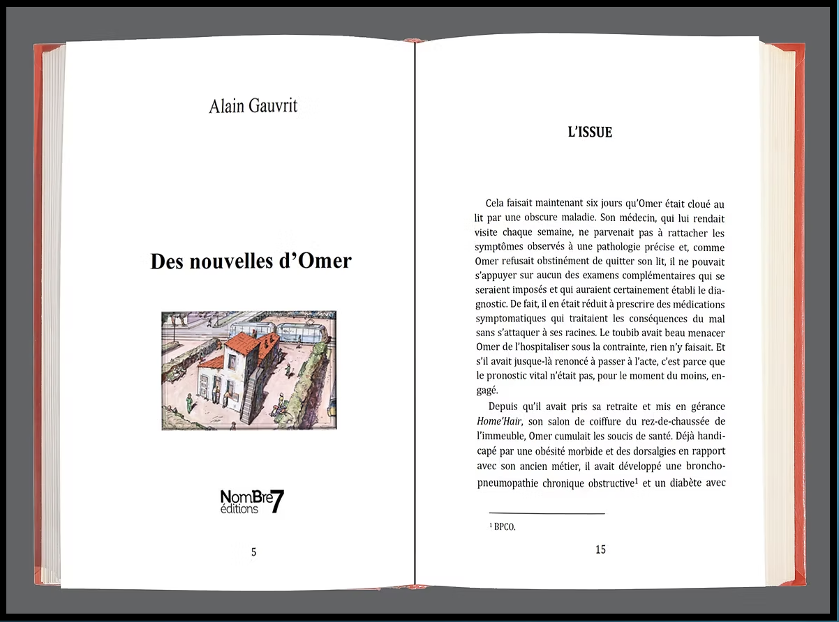 Page de titre et page de texte du livre 'Des nouvelles d'Omer' par Alain Gauvrit, édition NomBre 7.