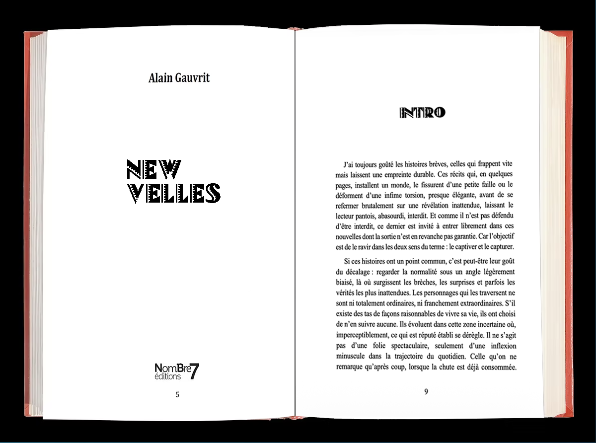 Page de couverture d'un livre intitulé "NEV VELLES" d'Alain Gauvrit, format d'édition NomBre 7, avec une présentation sur une page et le début de l'introduction sur l'autre page.
