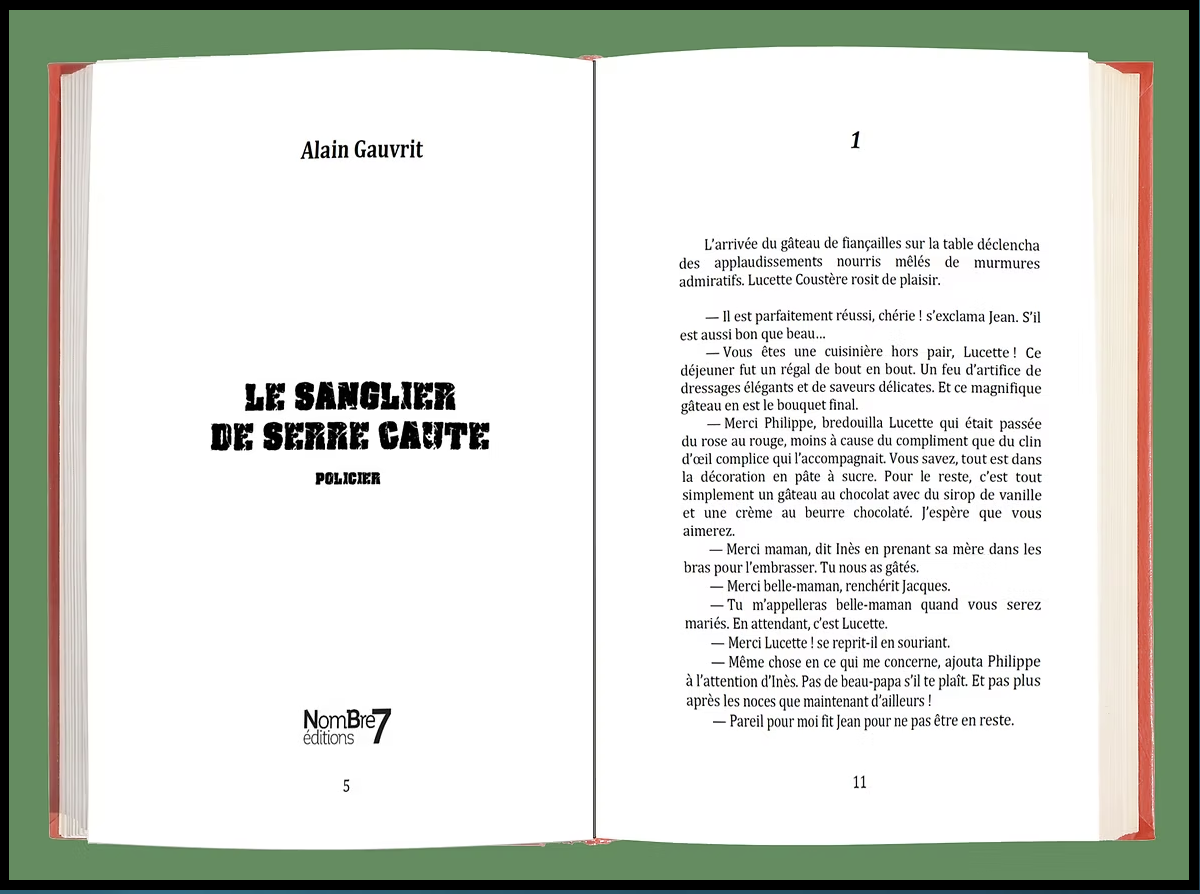 Page de couverture et première page d'un livre intitulé "Le sanguin de serre caute" avec le nom de l'auteur Alain Gauvrit, édition Nombre 7.