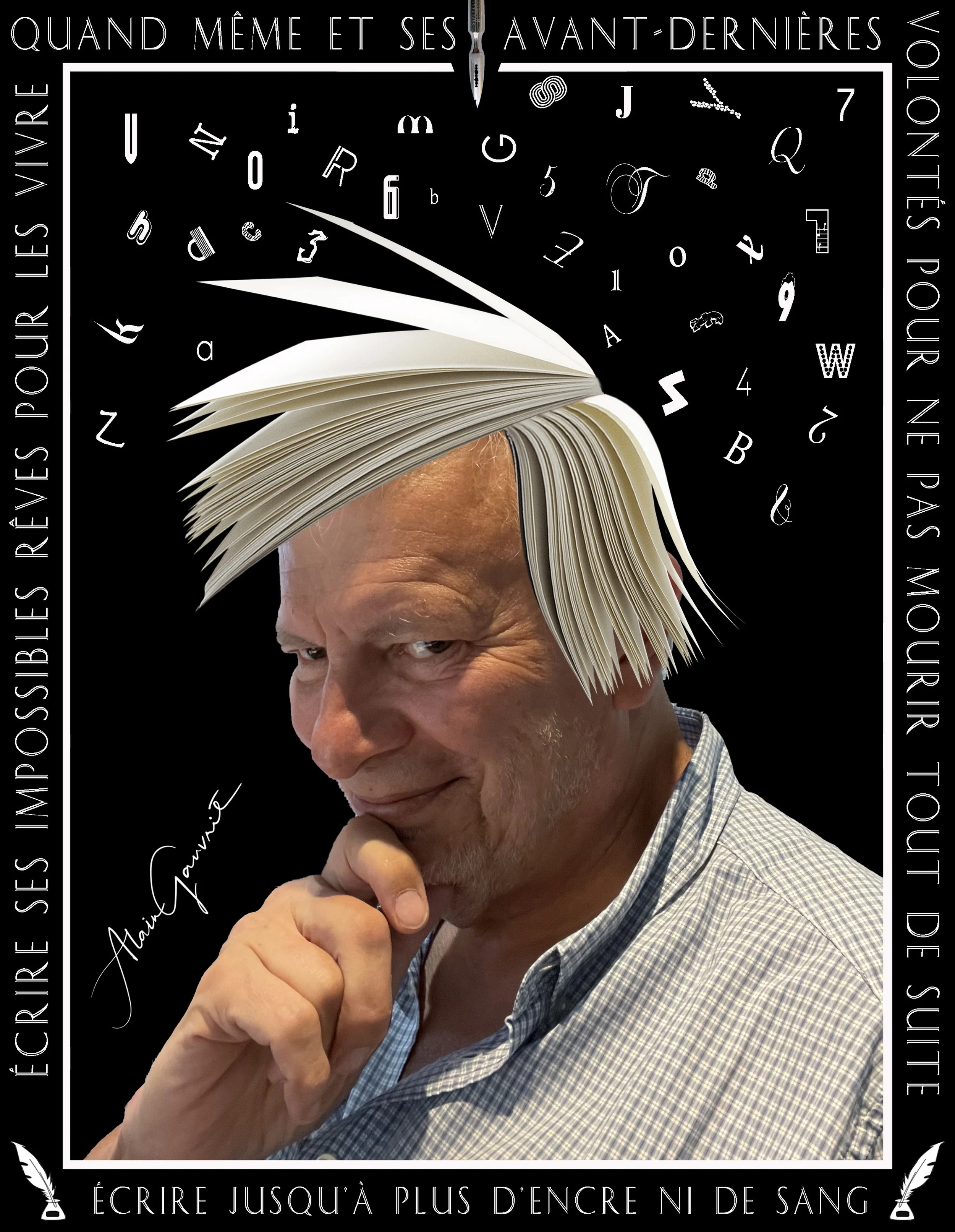 Un homme avec une tête composée d'un livre ouvert dont les pages ressemblent à des cheveux, dans un décor sombre avec une citation en français autour de l'image