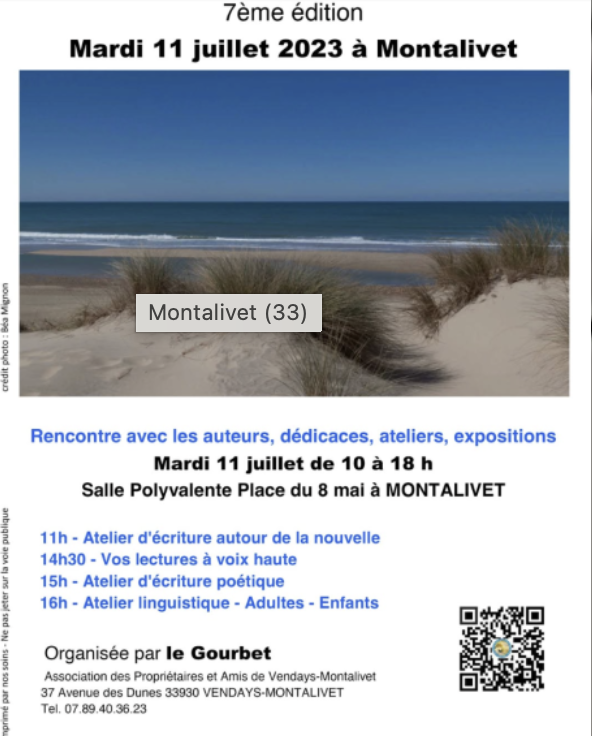 Une affiche annonçant la 7ème édition d'une rencontre littéraire à Montalivet le mardi 11 juillet 2023, avec une photo d'une plage de sable avec des dunes et des herbes hautes, sous un ciel bleu clair.