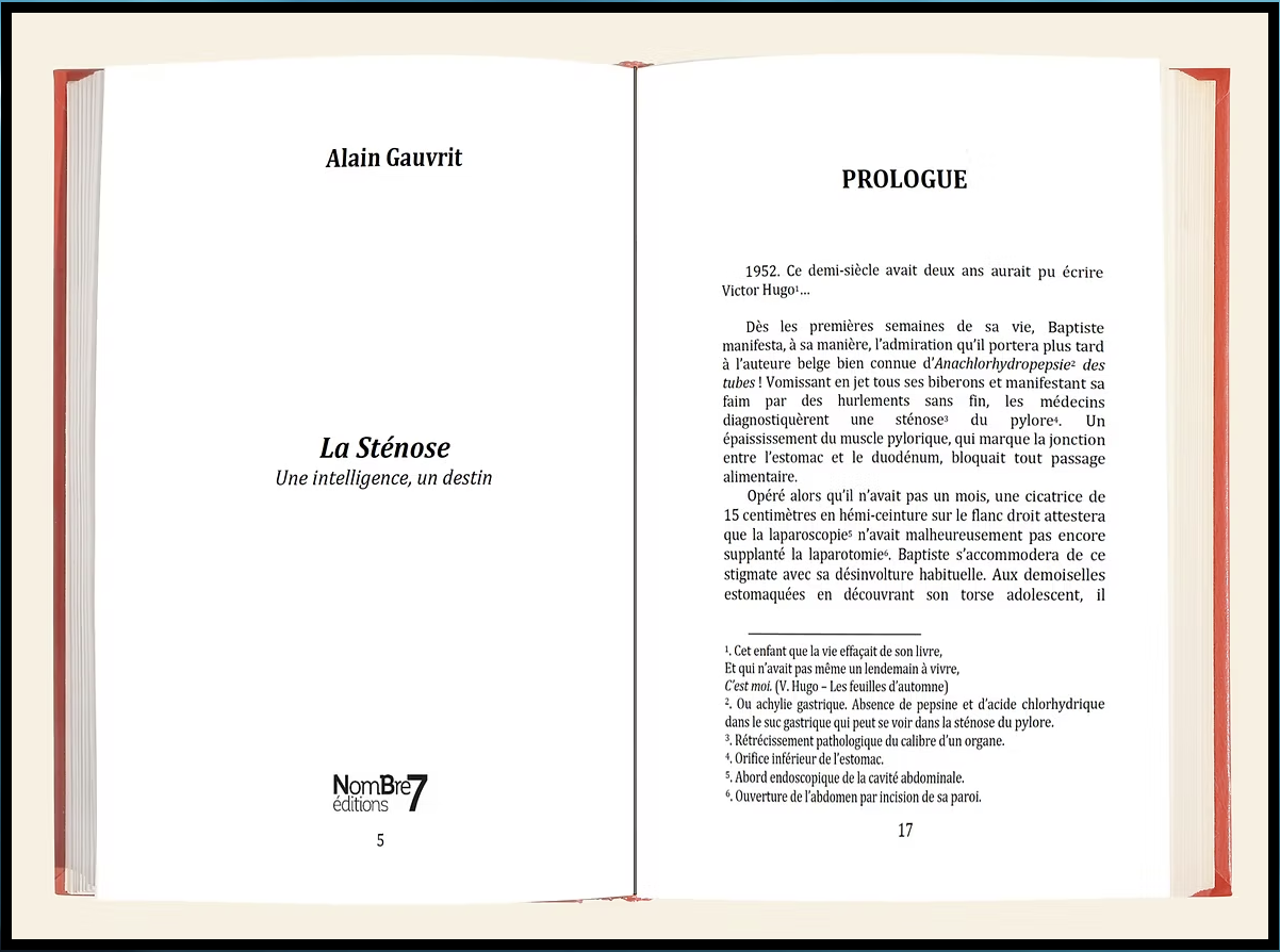 Page de titre du livre "La Sténose: Une intelligence, un destin" d'Alain Gauvrit, publié par NomBre7 Éditions, montrant aussi la page d'introduction intitulée "Prologue".