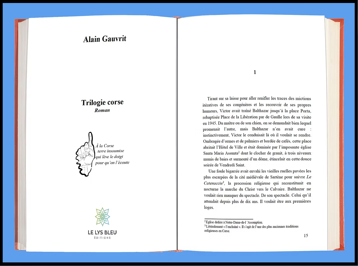 Page de couverture du livre 'Trilogie corse' d'Alain Gauvrit, édité par Le Lys Bleu, avec une illustration d'une main levant le doigt et un symbole floral.