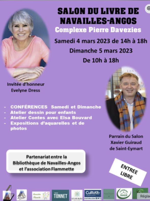 Affiche violette pour le salon du livre de Navailles-Angos, avec une photo d'une femme âgée souriante et une photo d'un jeune homme. Dates et horaires de l'événement, invités, conférences, ateliers, partenariat avec la bibliothèque, et mentions de soutien dans divers logos en bas.