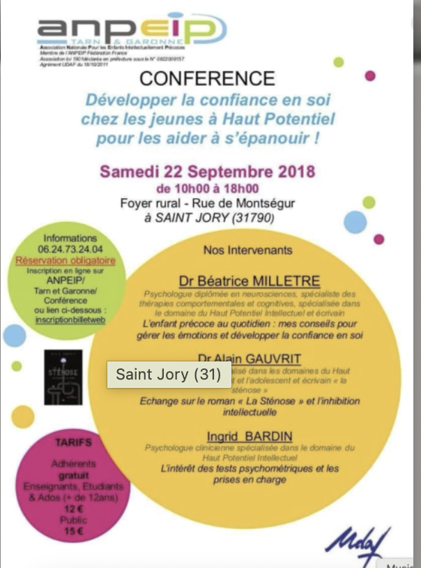 Affiche d'une conférence organisée par l'ANPEIP Tarn & Garonne, le samedi 22 septembre 2018, à Saint Jory, France, sur le développement de la confiance en soi chez les jeunes à Haut Potentiel.
