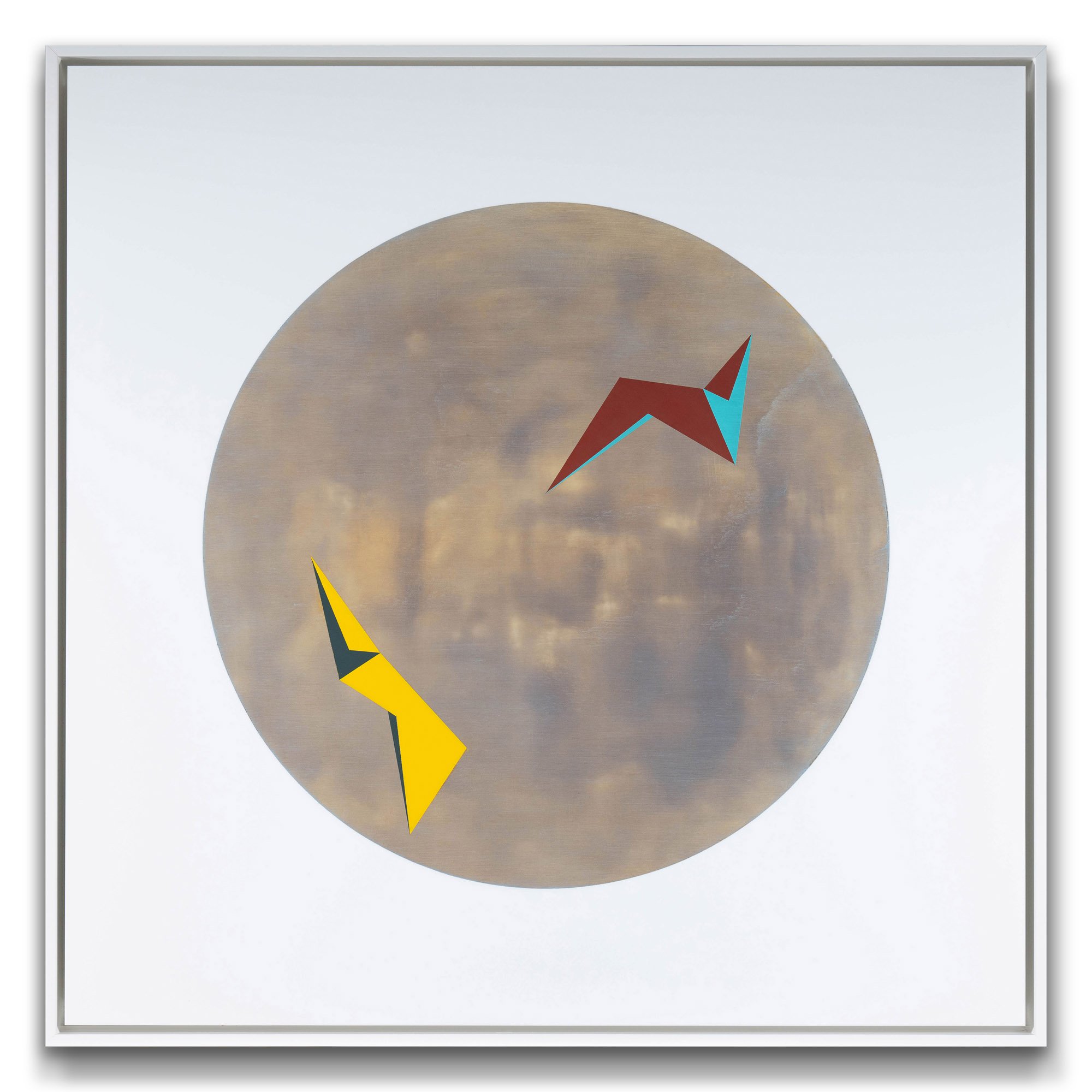 Contemporary minimalist artwork with geometric elements in a smoke circle on a white background