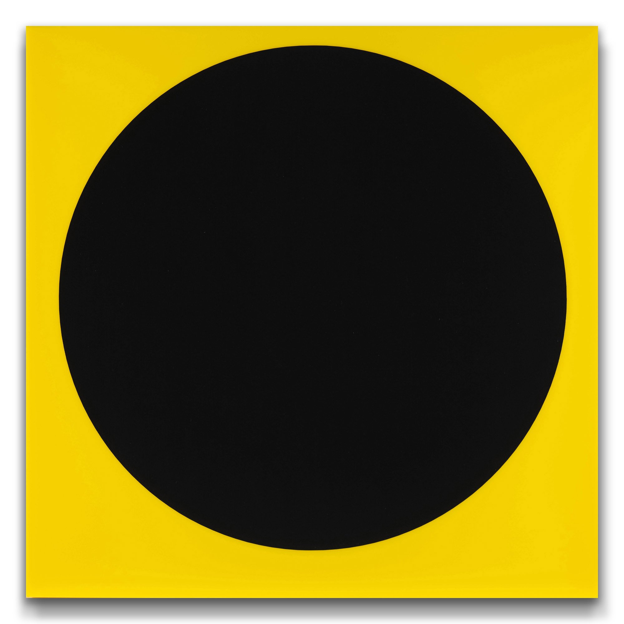 Contemporary minimalist artwork with a black circle on a deep yellow background