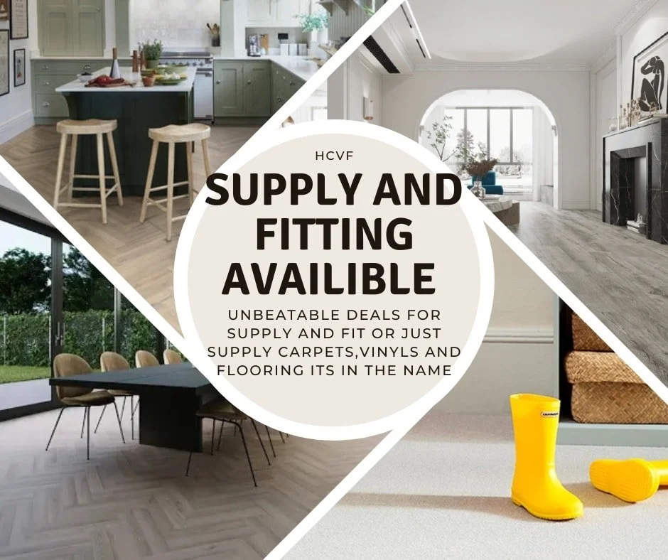 Collage of interior home spaces plus sale advertisement for flooring, carpets, vinyls, and fittings with bold text.