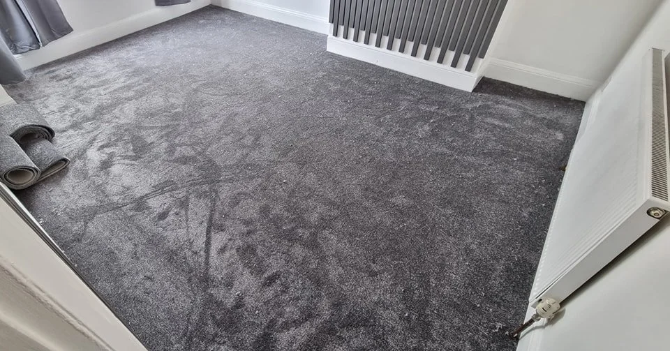 Empty room with freshly vacuumed gray carpet, rolled-up gray rug in the corner, radiator, and white walls.