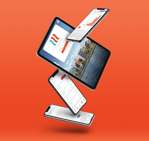 Vier smartphones met verschillende schermen, zwevend boven een oranje achtergrond.