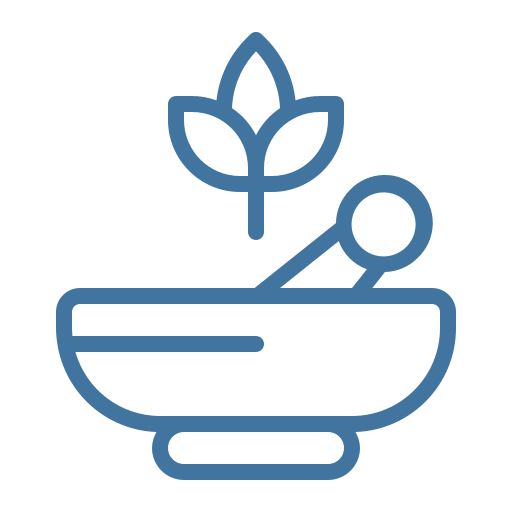 Symbol eines dampfenden Schüssel mit einem Blatt und einem Löffel, Illustration in Blau