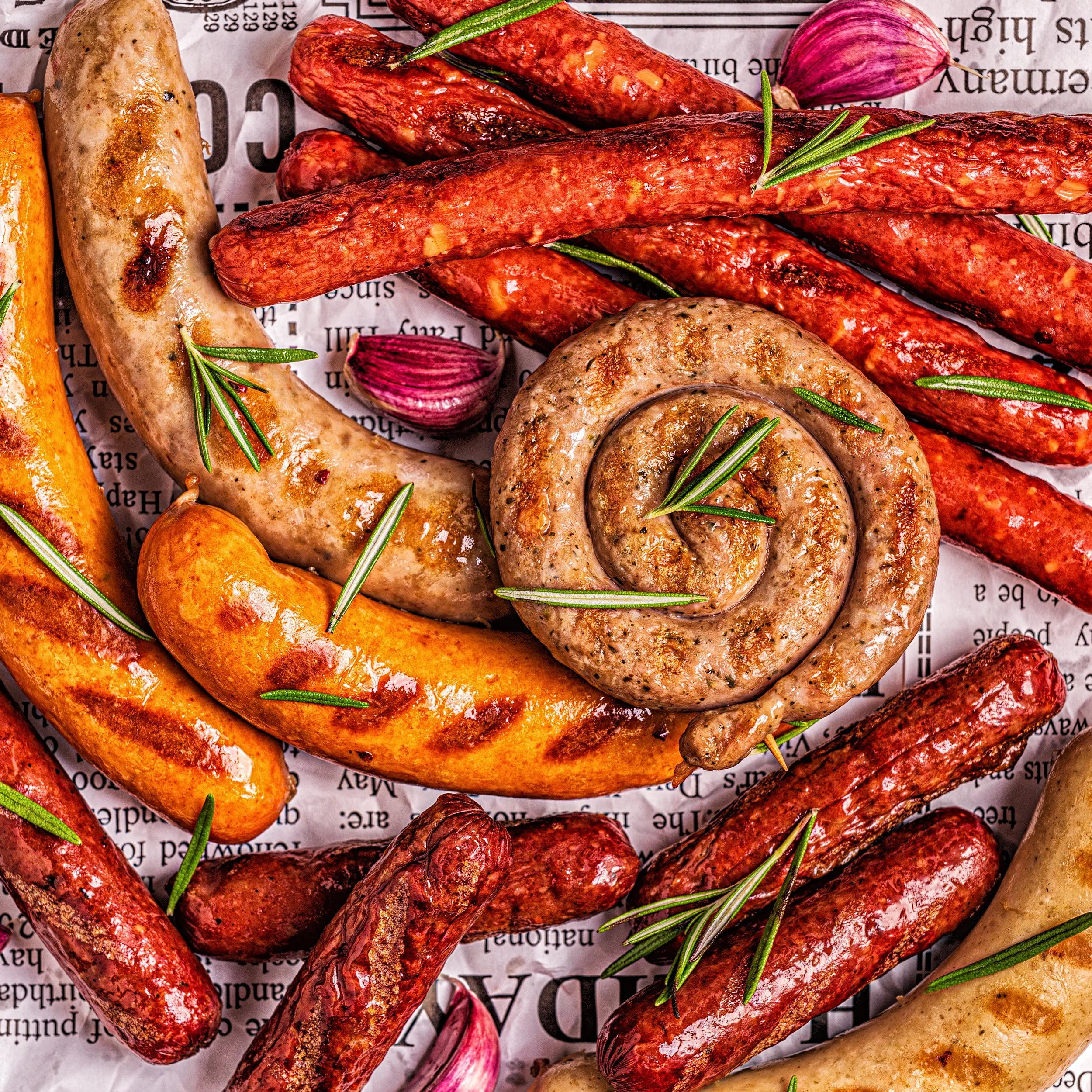 Assorted grilled sausages with sprigs of rosemary and roasted garlic cloves on newspaper background.