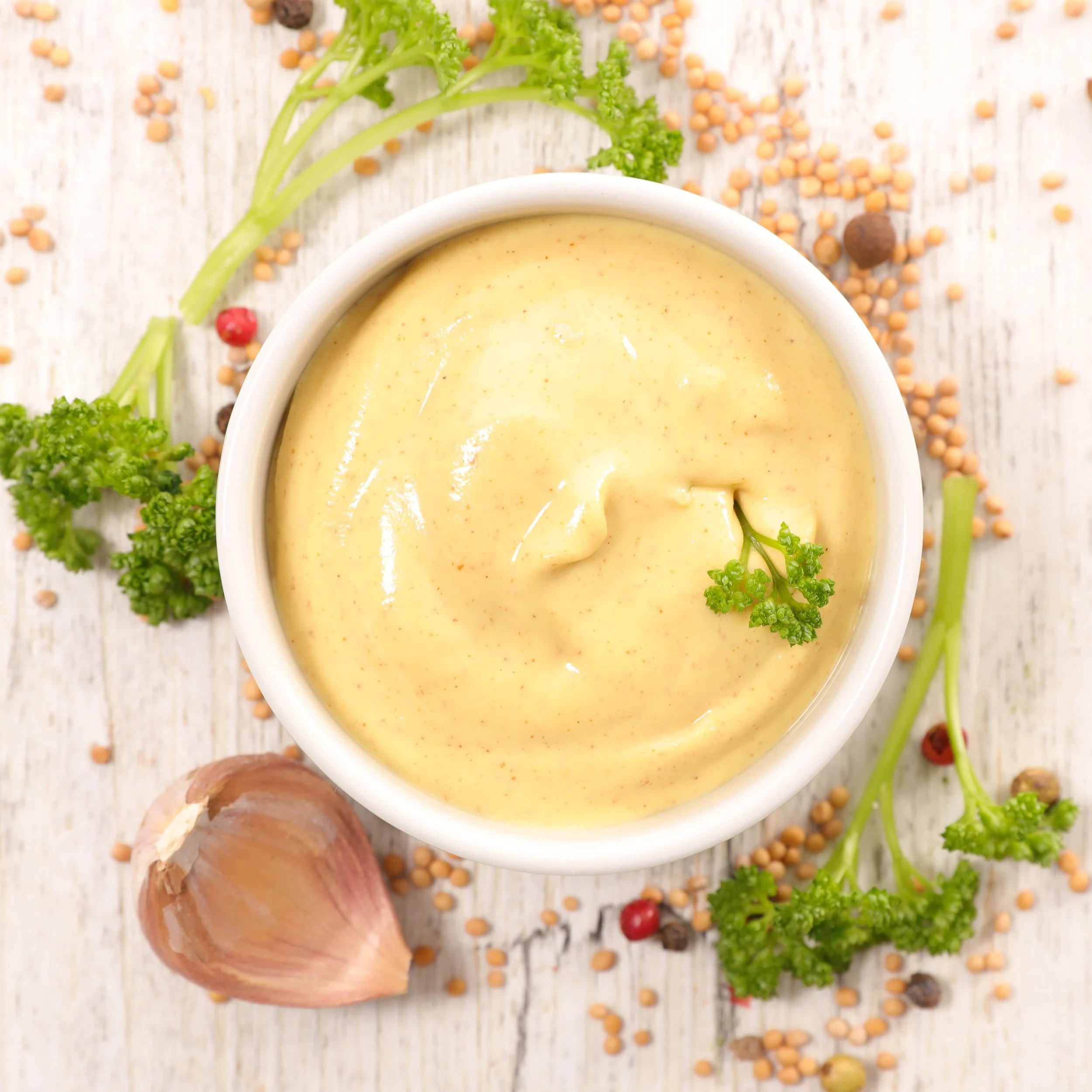 A white bowl filled with yellow mustard sauce, surrounded by fresh parsley, garlic, mustard seeds, and peppercorns on a light wooden surface.