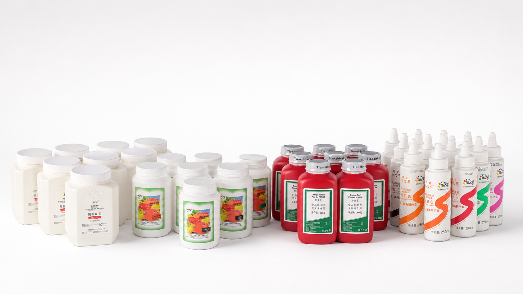 A collection of various bottles, including white bottles, green-labeled containers, red bottles, and bottles with colorful labels, all arranged in a row on a white background, possibly containing supplements or liquids.