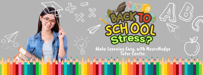 A smiling young woman wearing glasses and a denim jacket, holding a book, standing in front of a colorful illustration with school supplies and doodles, with text reading 'Back to School Stress? Make learning easy, with NeuroNudge Tutor Center.'