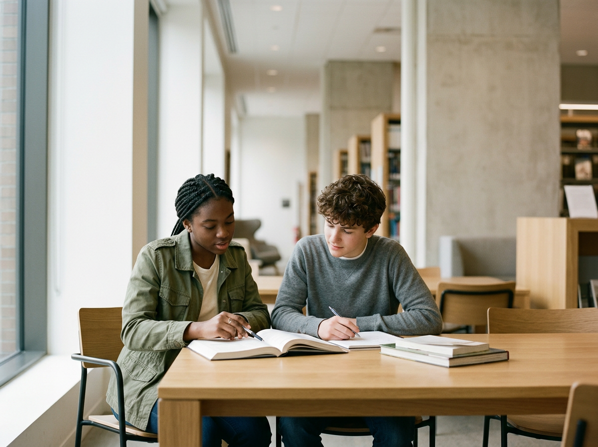 Two students studying together at a library table, reviewing a book and taking notes.