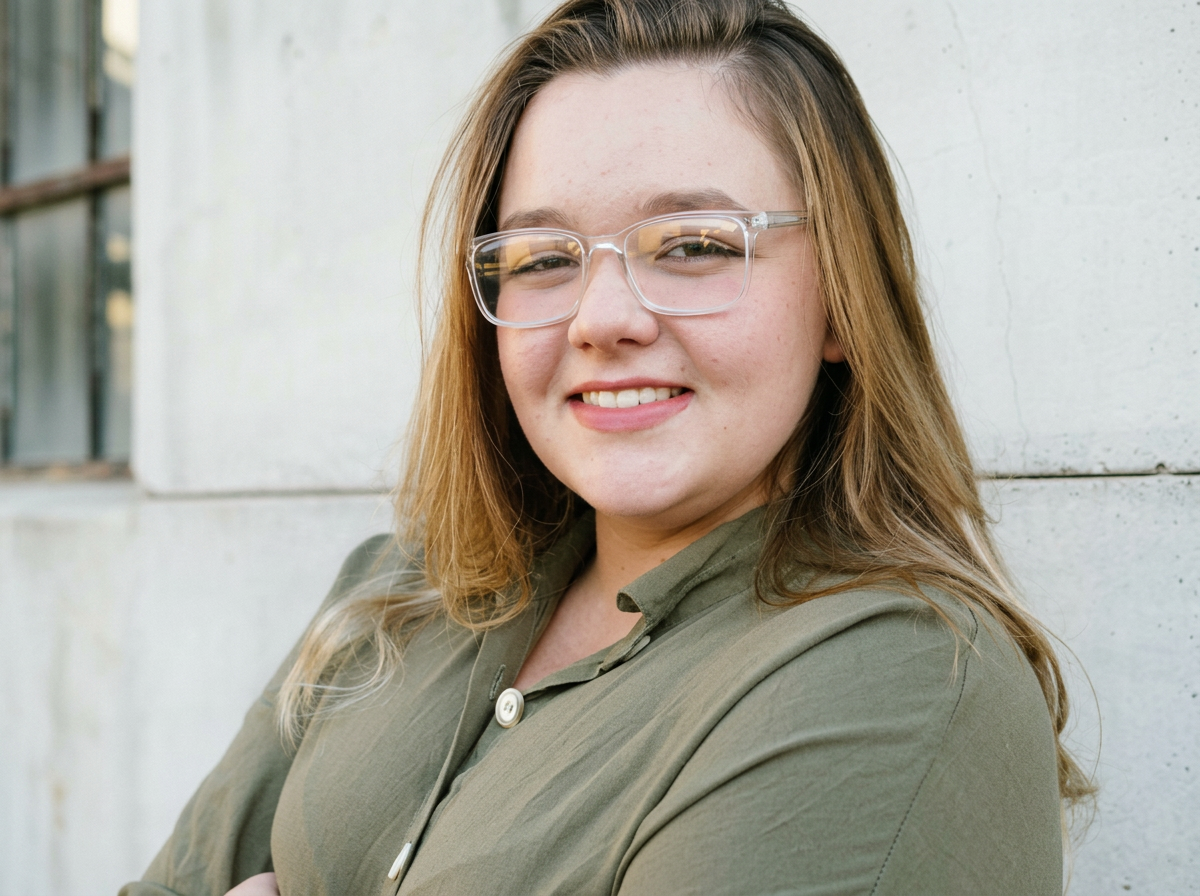 A young woman with shoulder-length light brown hair, wearing clear glasses and a green button-up shirt, smiling and standing outdoors against a white concrete wall.