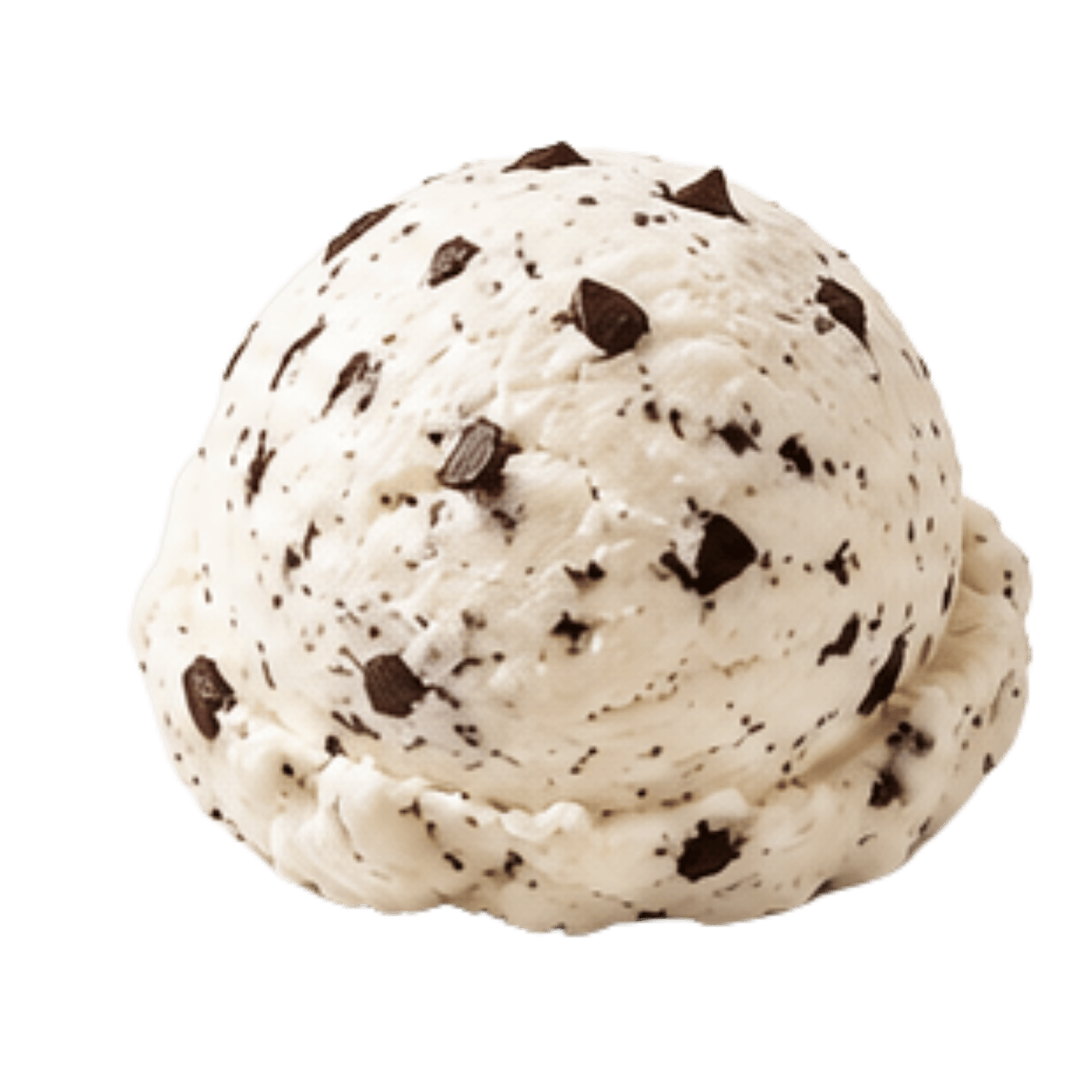 Close-up of a scoop of vanilla ice cream with chocolate chips on a black background.