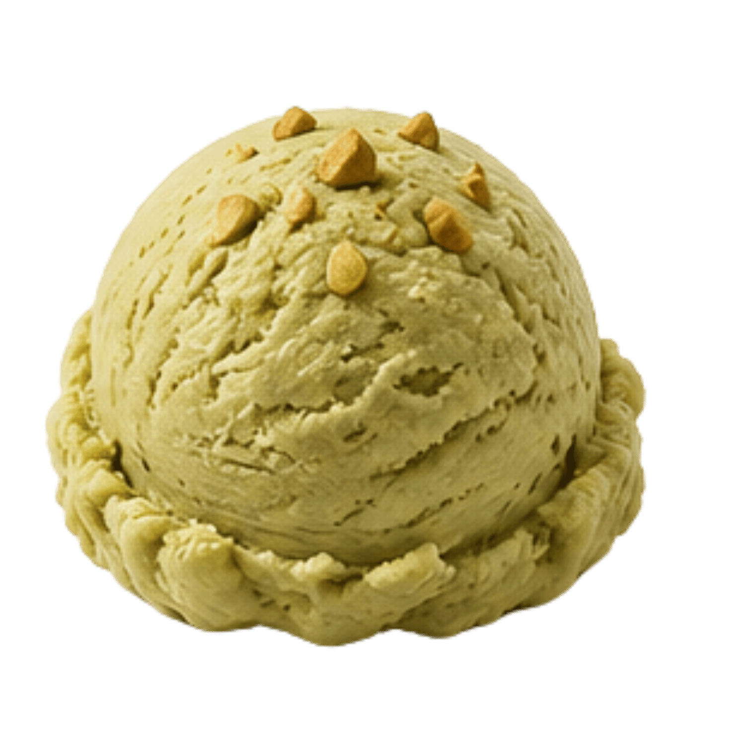 A scoop of vanilla ice cream with chopped nuts on top, placed in a decorative tart crust.
