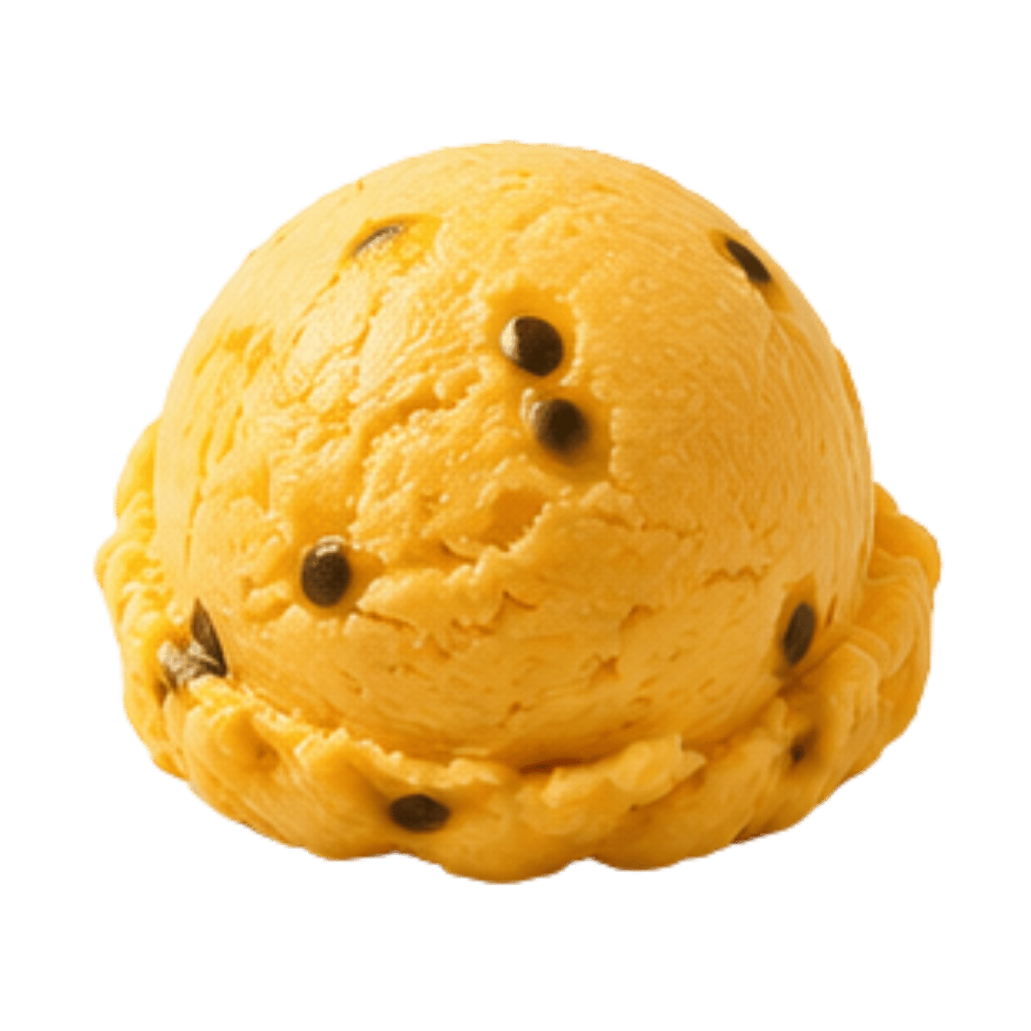 A scoop of vanilla ice cream with chocolate chips on top and around the edges.